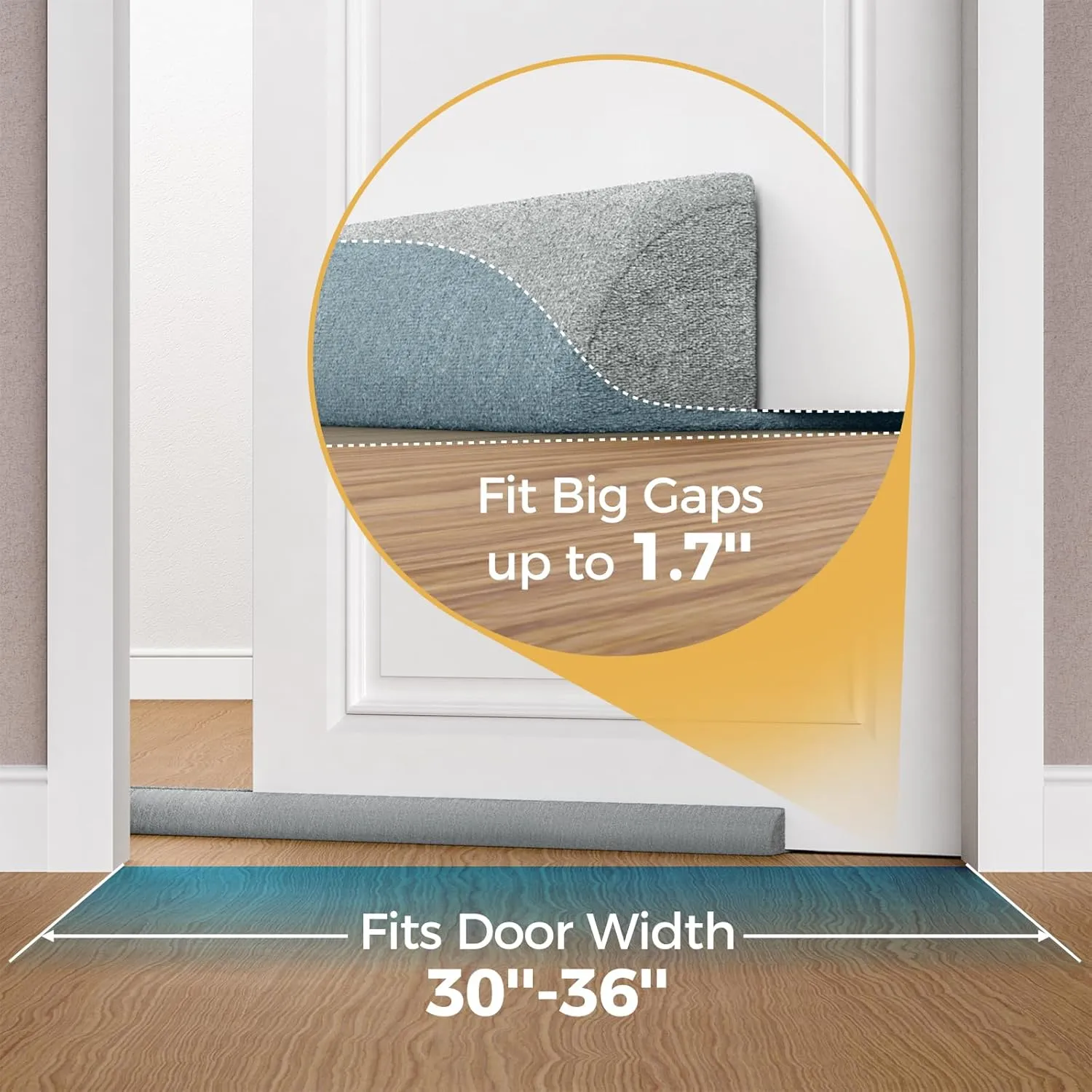 2 Pack Door Draft Stopper 36 Inch, Under Door Gap Filler Bottom, Adjustable 30'' to 36'' Noise Blocker Soundproof Seal Gap up to 1.7'' Door Sweep, Machine Washable, Gray