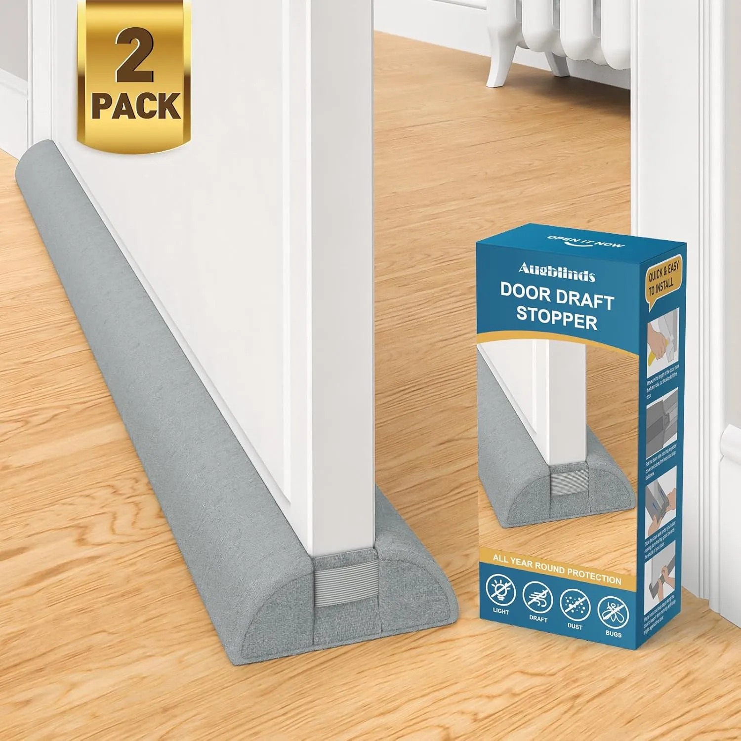 2 Pack Door Draft Stopper 36 Inch, Under Door Gap Filler Bottom, Adjustable 30'' to 36'' Noise Blocker Soundproof Seal Gap up to 1.7'' Door Sweep, Machine Washable, Gray