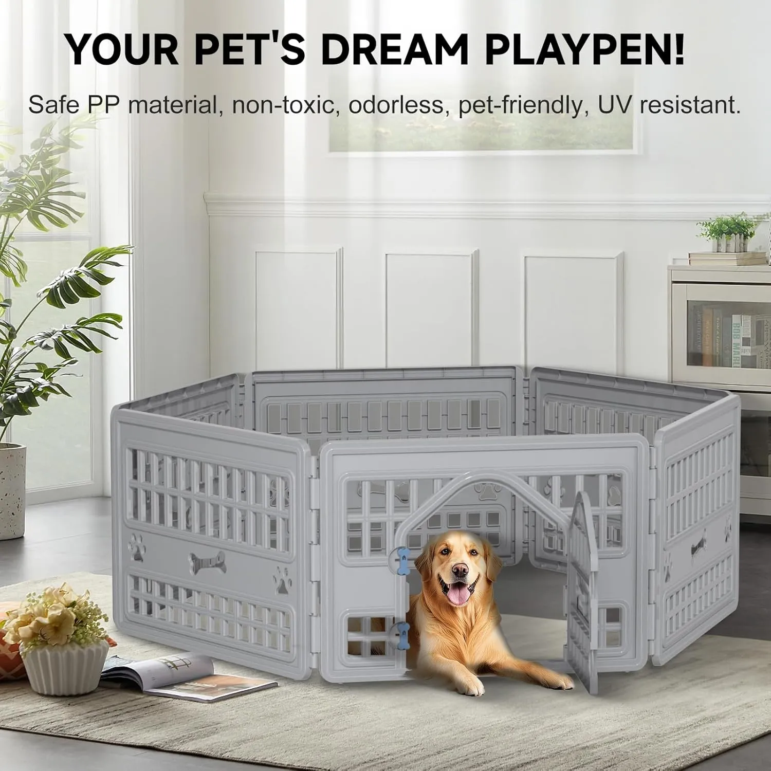 24" Height 6 Panel Dog Playpen with Door,Thickened Material,Resin Dog Play Pen for Small and Medium Dogs,Portable for Easy Transportation and Storage,67.24 * 67.24 * 23.7