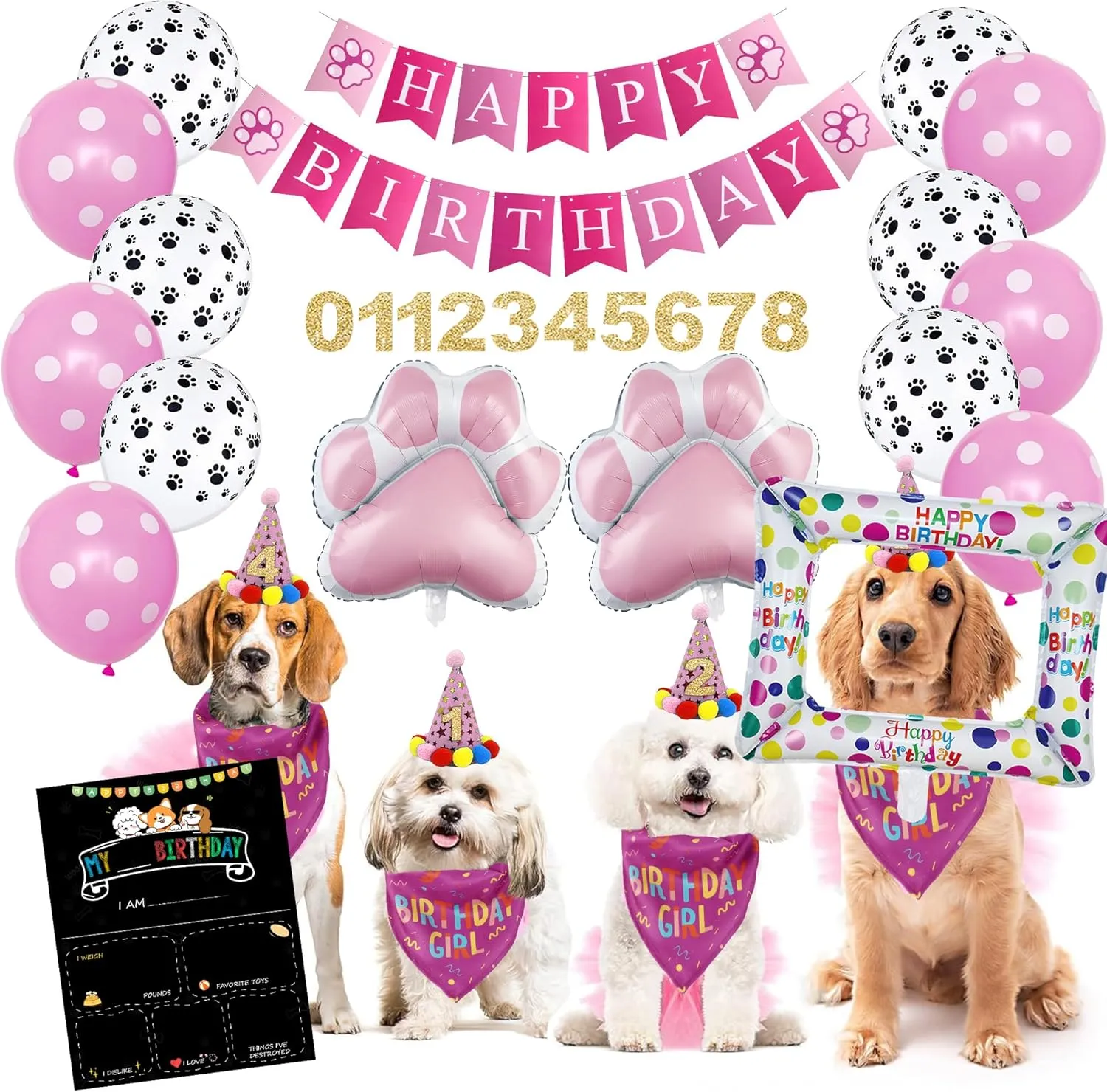 29 PCS Dog Birthday Party Supplies - Dog Birthday Bandana Set - Birthday Boy Bandana for Multi Sizes Dogs Party Hat, Cute Dog Birthday Banner with with Photo Frame Balloons, Poster(29Pcs,Girl)
