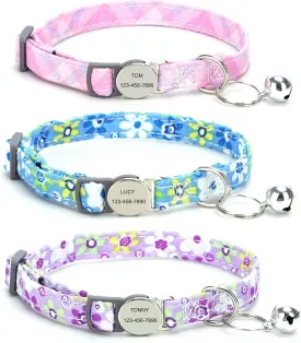 3 Pack Breakaway Custom Floral Cat Collars,Personalized Kitty Collar with Bell,Adjustable Quick Release Safety Buckle and Durable Kitties Cat Collar