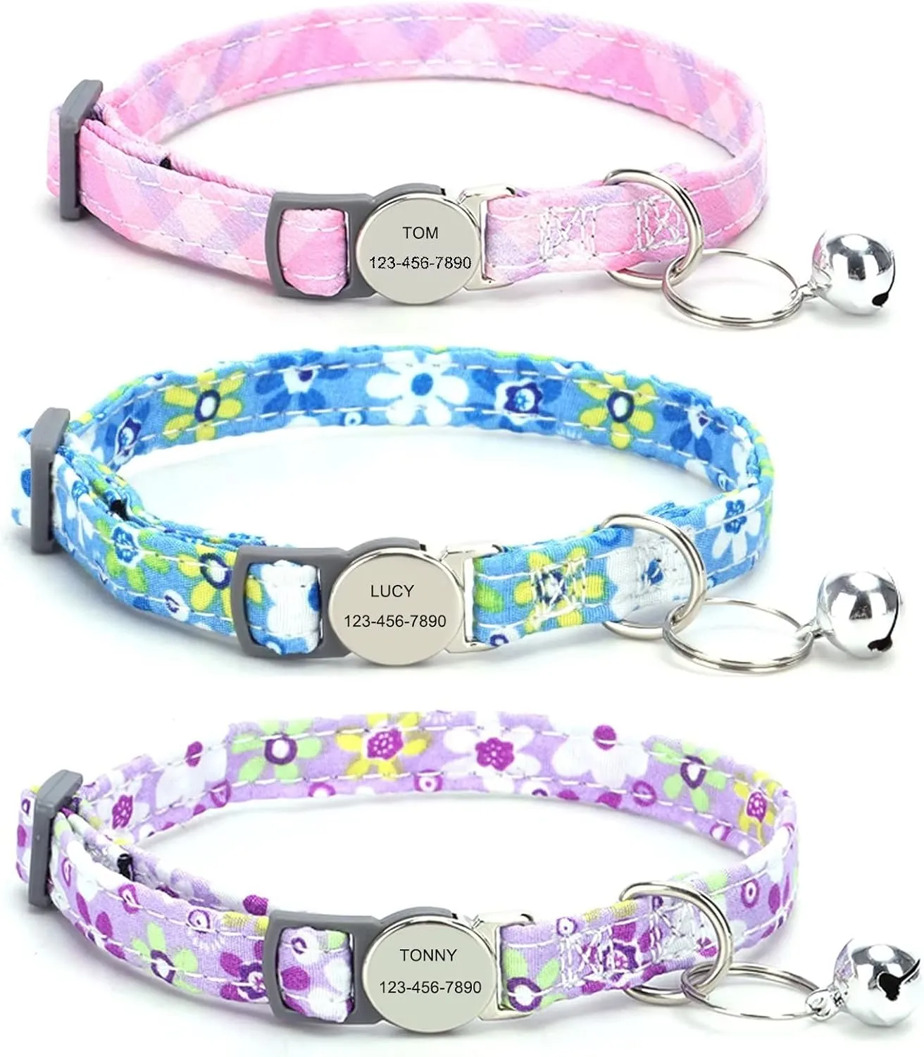 3 Pack Breakaway Custom Floral Cat Collars,Personalized Kitty Collar with Bell,Adjustable Quick Release Safety Buckle and Durable Kitties Cat Collar