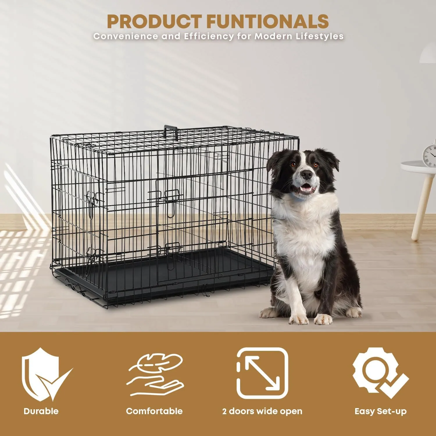 36,42,48 Inch Large Dog Crate Dog Kennel Pet Crate Folding Metal Pet Cage Double Door Leak-Proof Plastic Removable Tray and Handle Wire Large Animals Cage Pet Kennel for Indoor,Outdoor(Black,48")