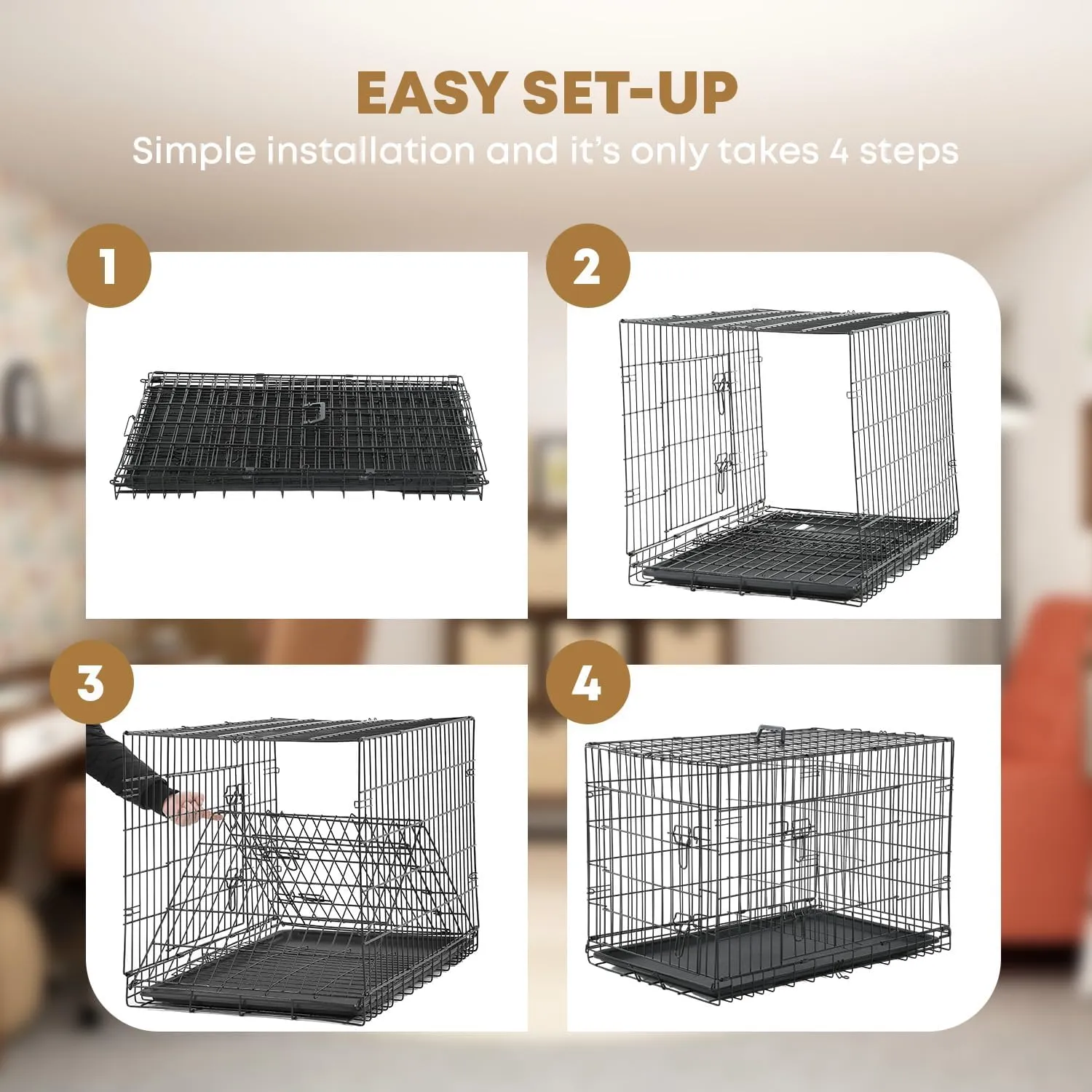 36,42,48 Inch Large Dog Crate Dog Kennel Pet Crate Folding Metal Pet Cage Double Door Leak-Proof Plastic Removable Tray and Handle Wire Large Animals Cage Pet Kennel for Indoor,Outdoor(Black,48")