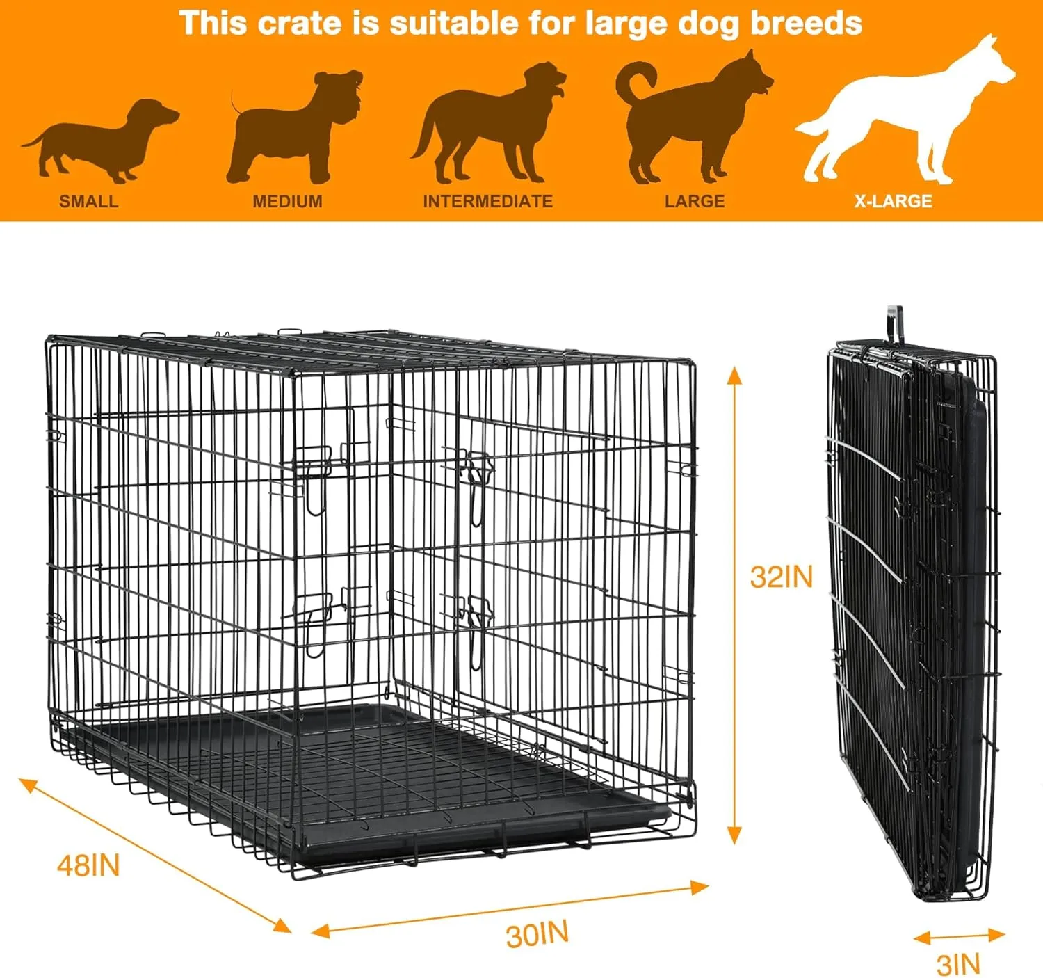 36,42,48 Inch Large Dog Crate Dog Kennel Pet Crate Folding Metal Pet Cage Double Door Leak-Proof Plastic Removable Tray and Handle Wire Large Animals Cage Pet Kennel for Indoor,Outdoor(Black,48")