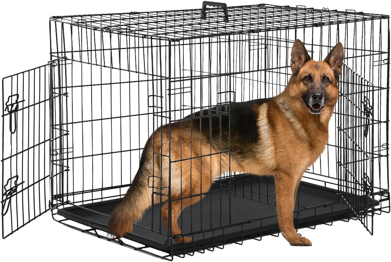 36,42,48 Inch Large Dog Crate Dog Kennel Pet Crate Folding Metal Pet Cage Double Door Leak-Proof Plastic Removable Tray and Handle Wire Large Animals Cage Pet Kennel for Indoor,Outdoor(Black,48")