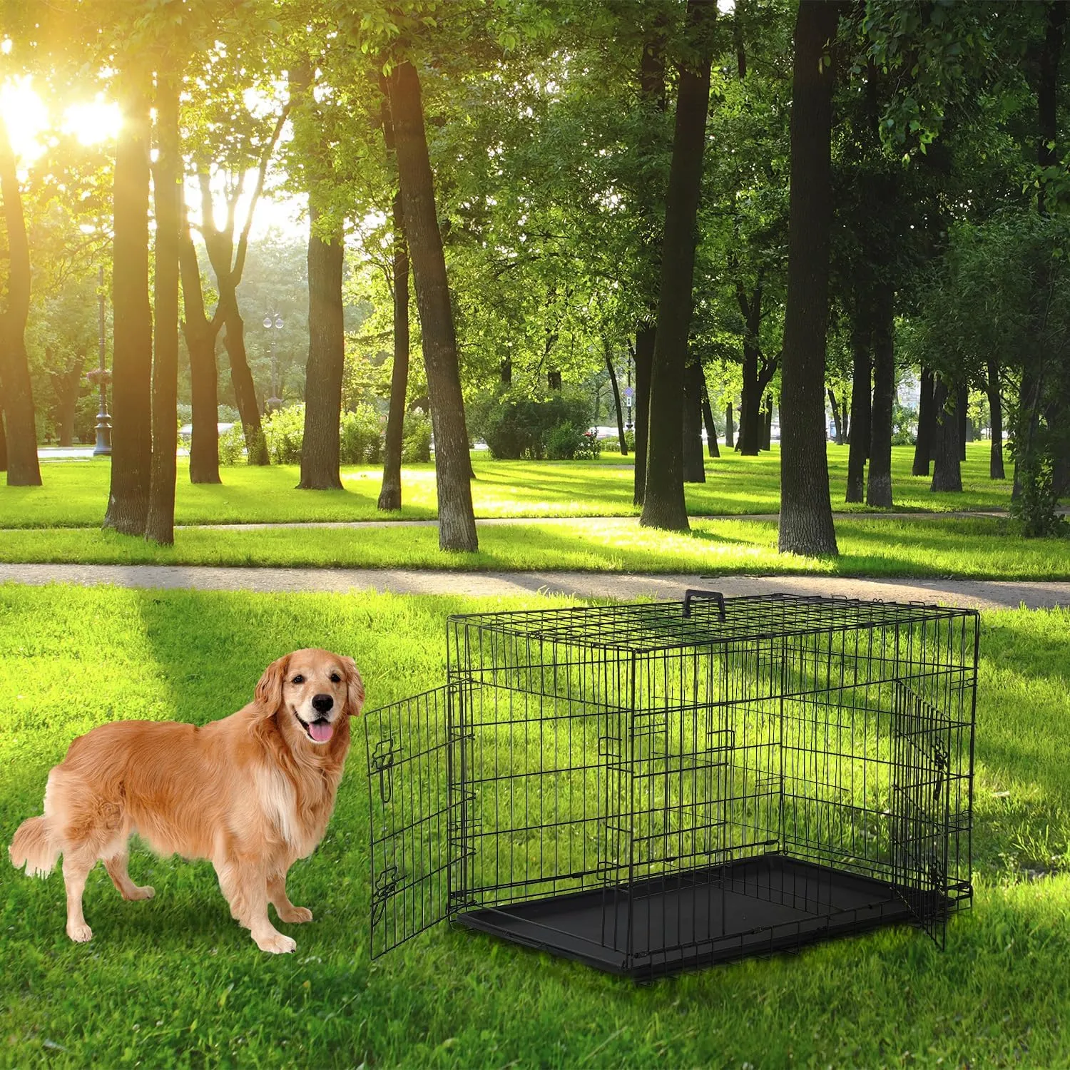 36,42,48 Inch Large Dog Crate Dog Kennel Pet Crate Folding Metal Pet Cage Double Door Leak-Proof Plastic Removable Tray and Handle Wire Large Animals Cage Pet Kennel for Indoor,Outdoor(Black,48")
