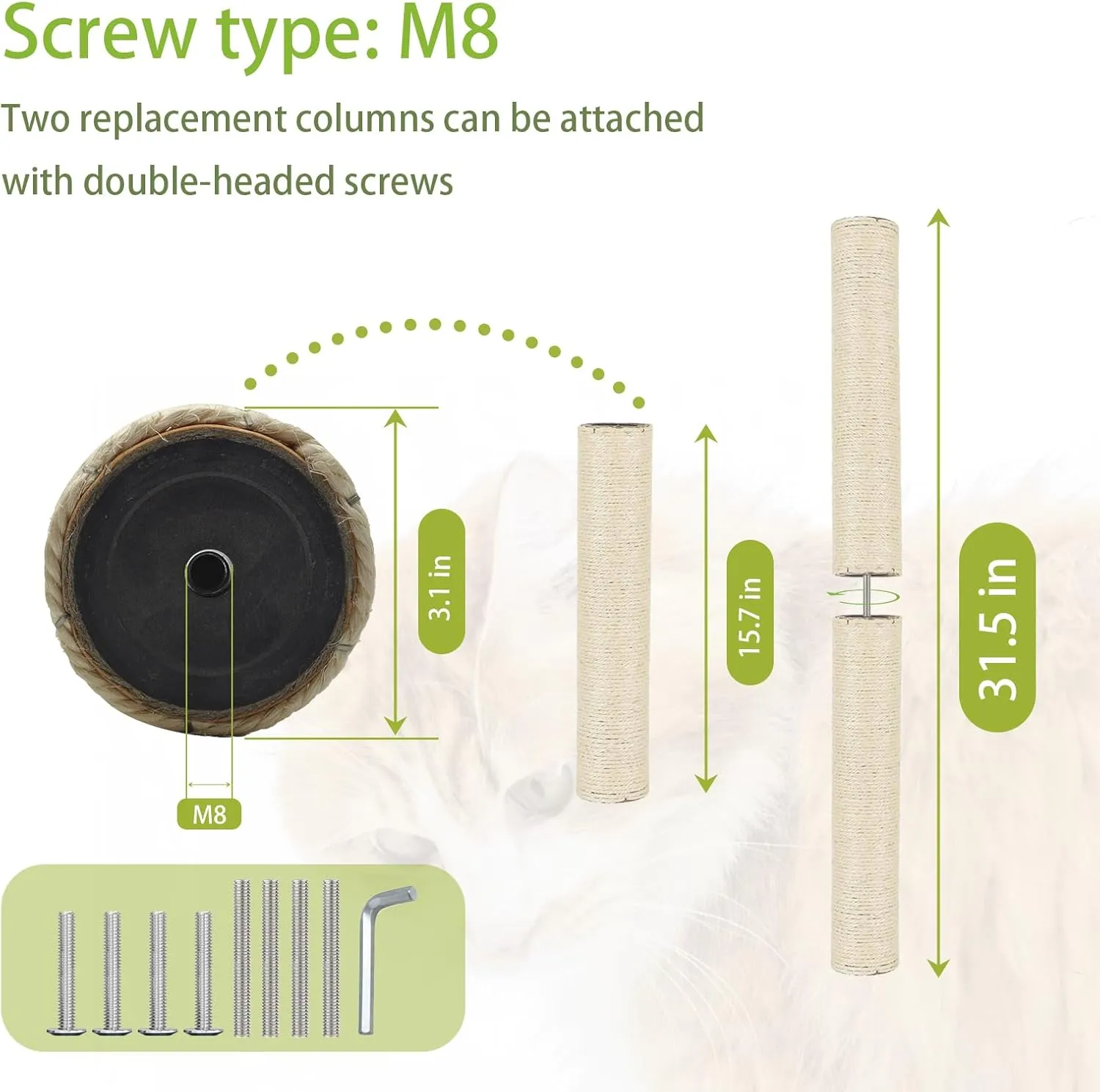 4 Pcs CatScratchingPostReplacement for Indoor 15.7 x 3.1 InchesCatsTreeReplacementParts Natural Sisal Cat Scratch Posts Refill Pole Part with M8 Screws Spare Cat Furniture Accessories