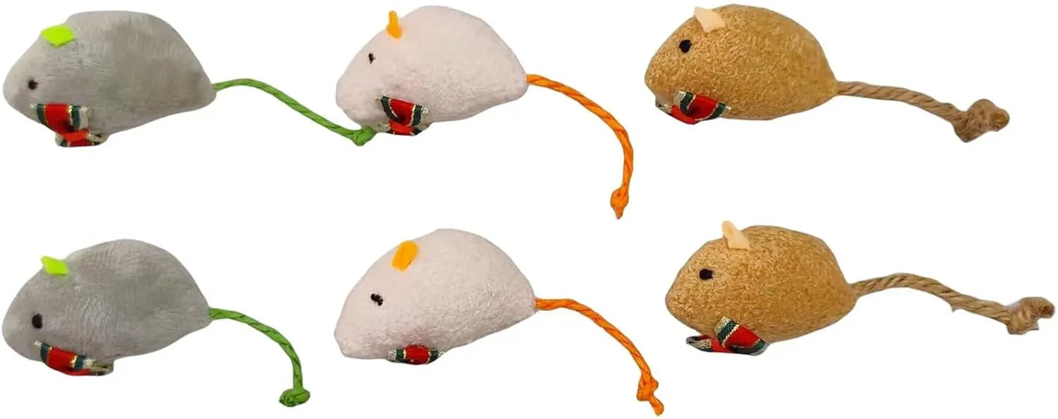 6-Pack Catnip Mice Toys with Gold Christmas Bows - Holiday Plush Mouse Set for Cats, Interactive and Festive Cat Toys