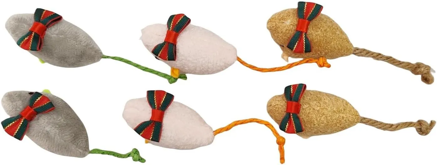6-Pack Catnip Mice Toys with Gold Christmas Bows - Holiday Plush Mouse Set for Cats, Interactive and Festive Cat Toys