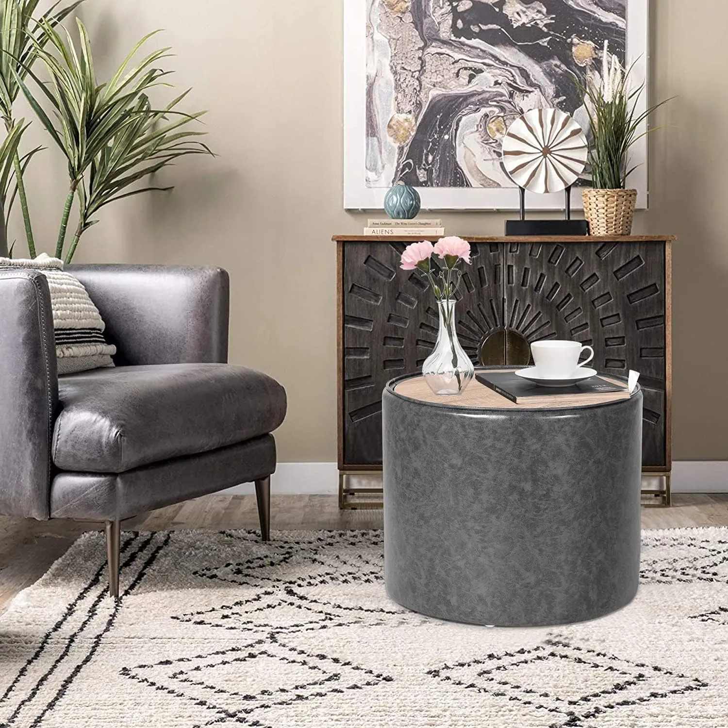 Adeco Round Storage Ottoman, PU Leather Storage Footstool with Removable Lid, Foot Rest Side Coffee Table for Living Room Bedroom (Gray)