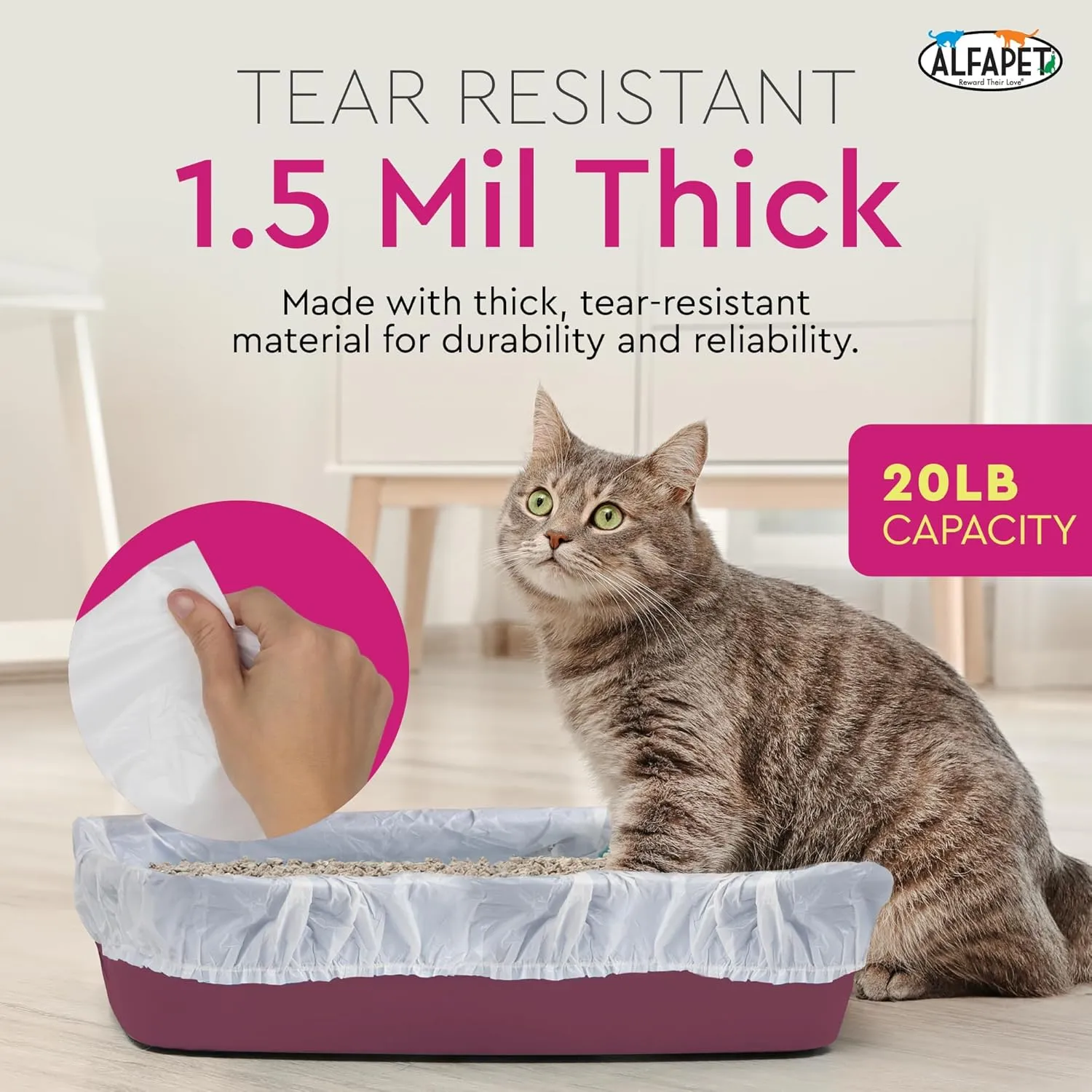 Alfapet Elastic Cat Litter Box Liners - Extra Giant 30 Count - Tear-Resistant Cat Litter Bags - Waterproof Kitty Litter Liners - Fits Litter box Pan Sizes XL, Giant, X-Giant, 37" x 18", 20 lb Capacity