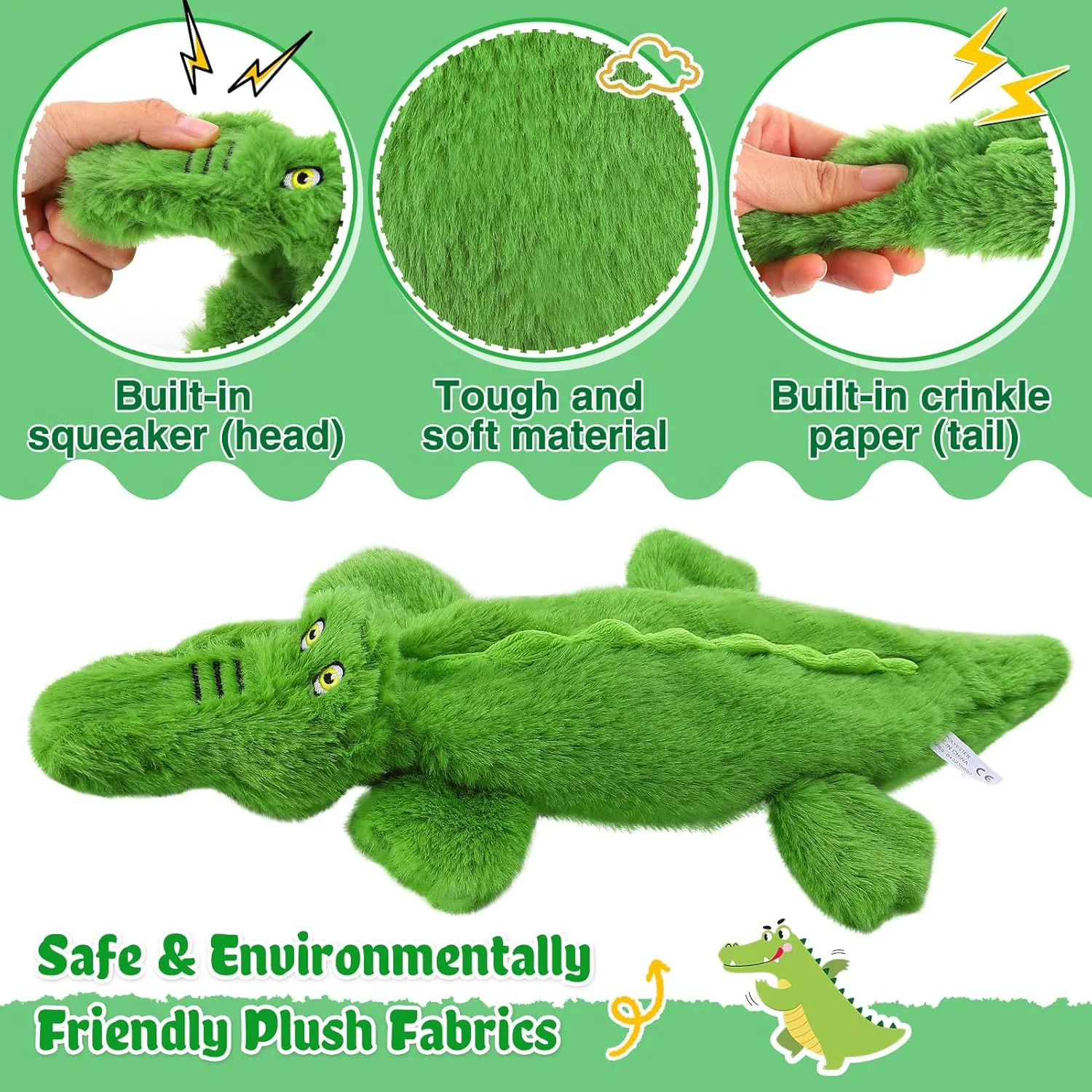 Alphatool Crocodile Squeaky Dog Toys - Soft Plush Chew Crinkle Puppy Toys to Keep Them Busy, No Stuffing Interactive Essentials for Teething Small Medium Pets Dogs Gifts