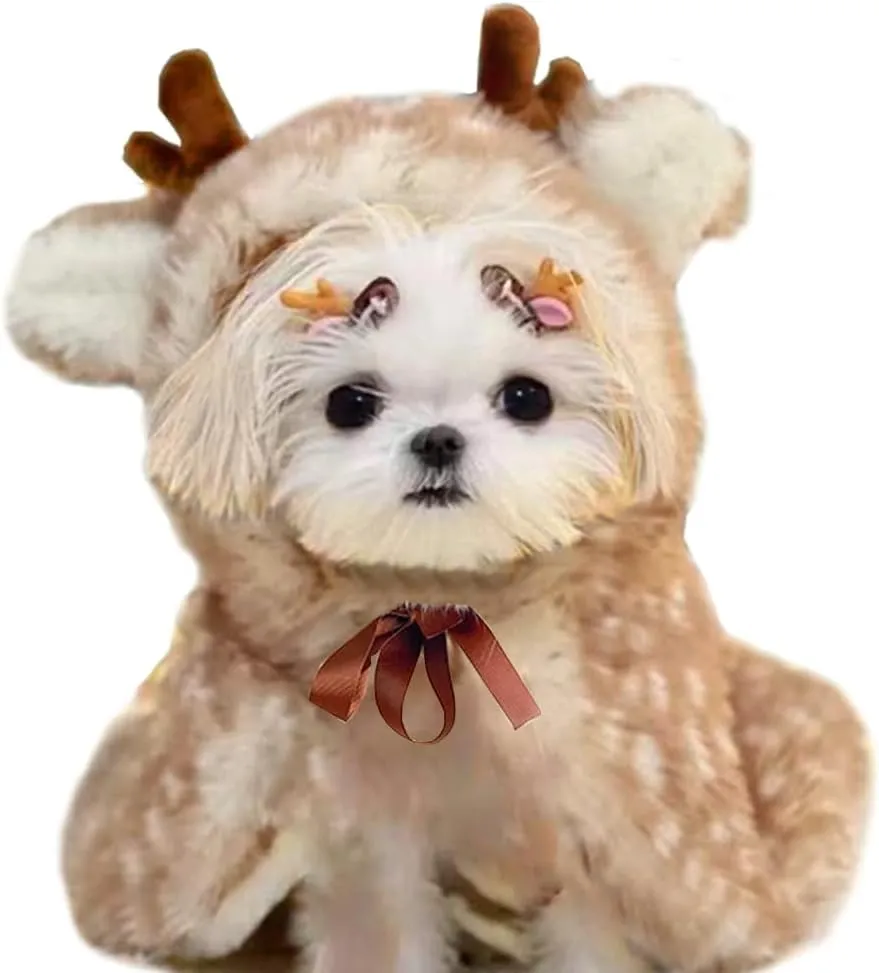 ANIAC Christmas Puppy Reindeer Costume Xmas Dog Elk Cloak with Antlers Cat Santa Cape Christmas Dog Outfit for Small Medium Dog (Small, Brown)