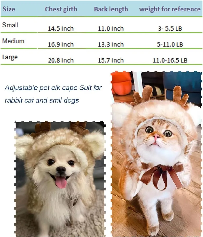 ANIAC Christmas Puppy Reindeer Costume Xmas Dog Elk Cloak with Antlers Cat Santa Cape Christmas Dog Outfit for Small Medium Dog (Small, Brown)