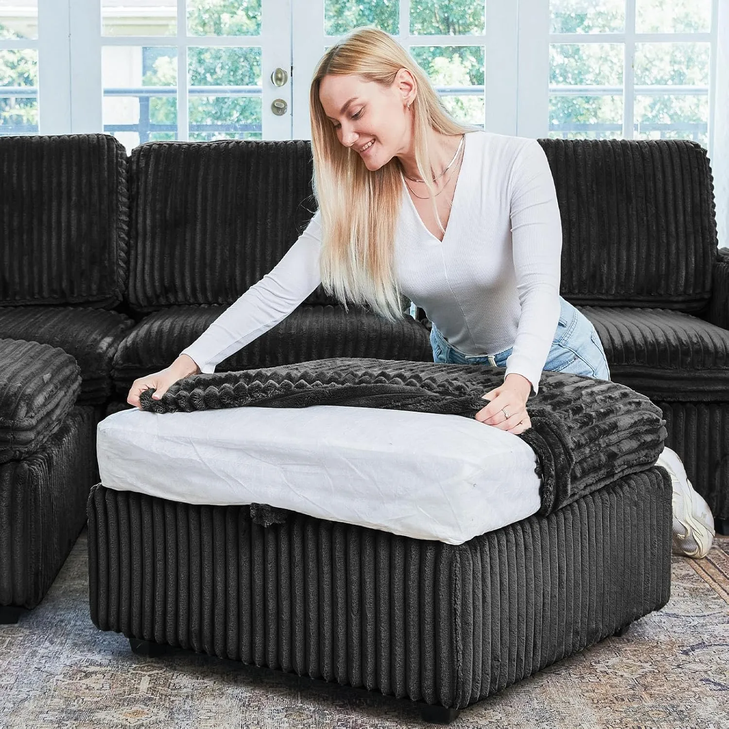 Belffin Modular Sectional Sofa with Storage Ottoman, Oversized Cloud Couch Sectional with Extra Deep Seat, Comfy 3 Seater Sectional Couches for Living Room, Plush Corduroy Black