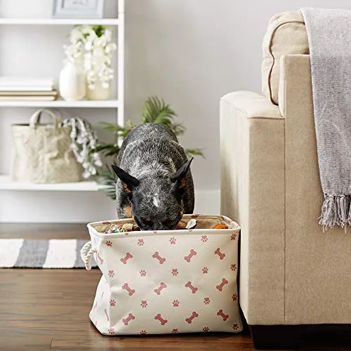Bone Dry Paw Print Collapsible Polyester Pet Storage Bin, Rectangle Small - 14 x 8 x 9", Paws & Bones Rose