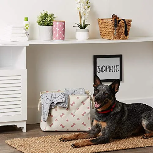 Bone Dry Paw Print Collapsible Polyester Pet Storage Bin, Rectangle Small - 14 x 8 x 9", Paws & Bones Rose