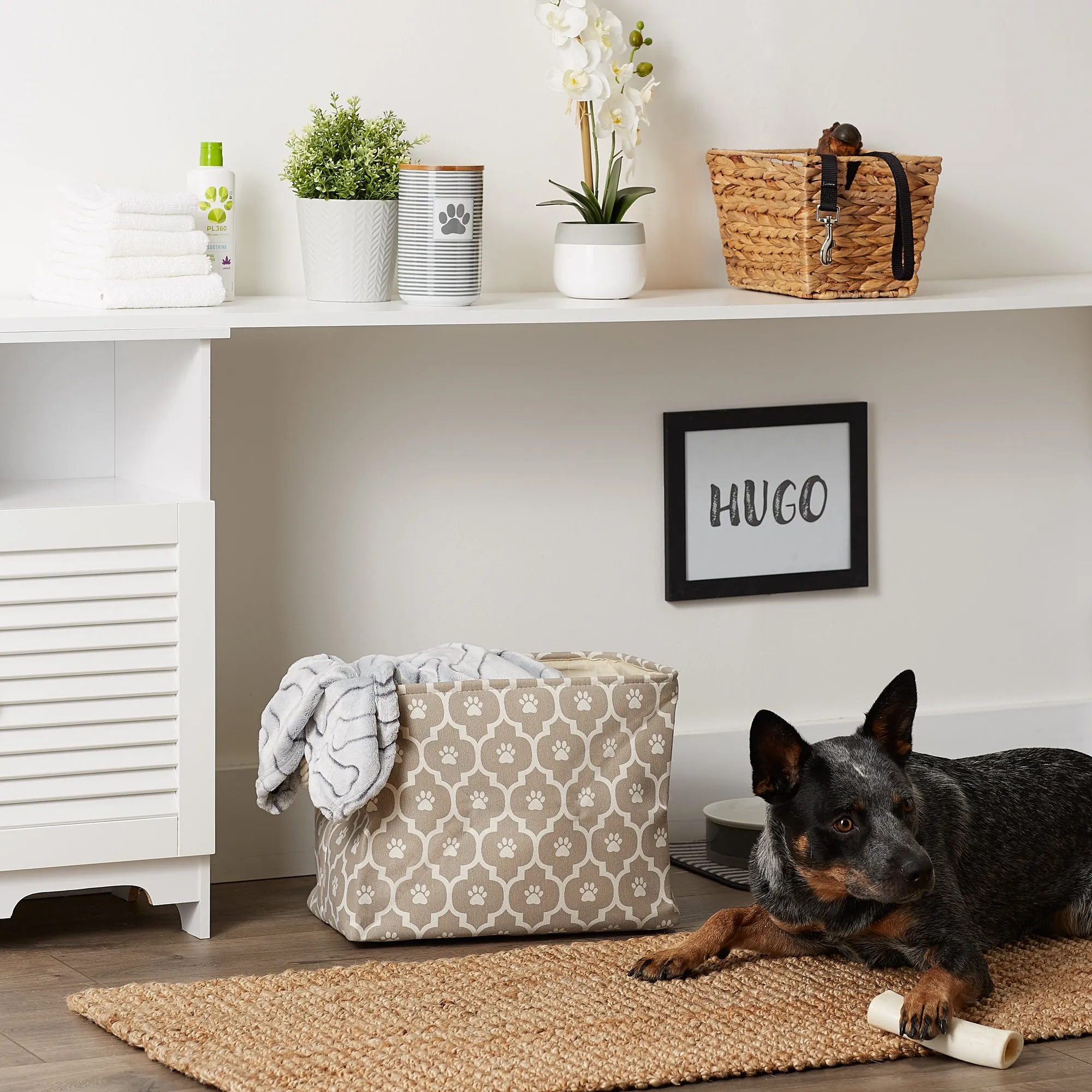 Bone Dry Pet Storage Bin, Lattice Paw Print, Stone, Medium  - 16x10x12"