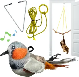 Caroline's Cats Plush Chirping Bird Cat Toy on Elastic String with Doorway Hanger - No Flimsy Suction Cups; Real Electronic Avian Sounds