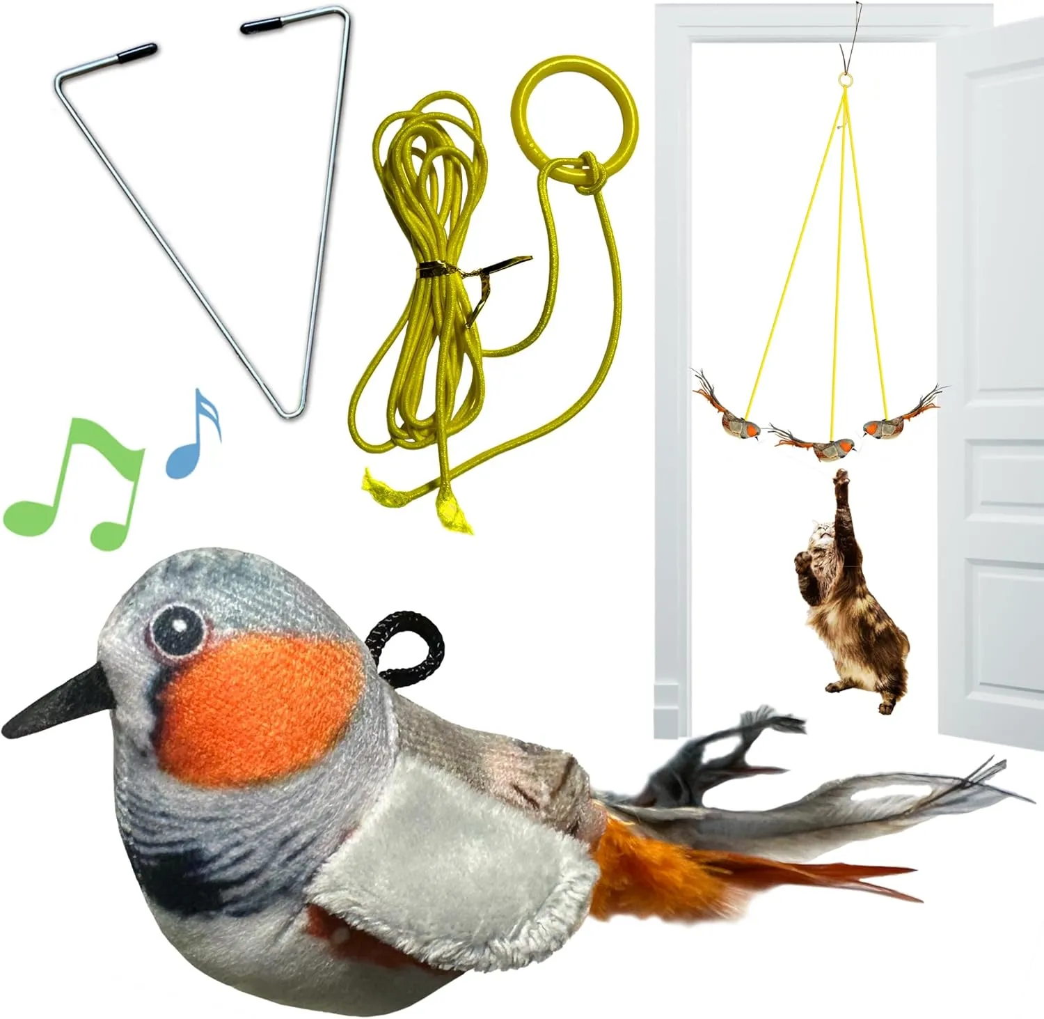Caroline's Cats Plush Chirping Bird Cat Toy on Elastic String with Doorway Hanger - No Flimsy Suction Cups; Real Electronic Avian Sounds