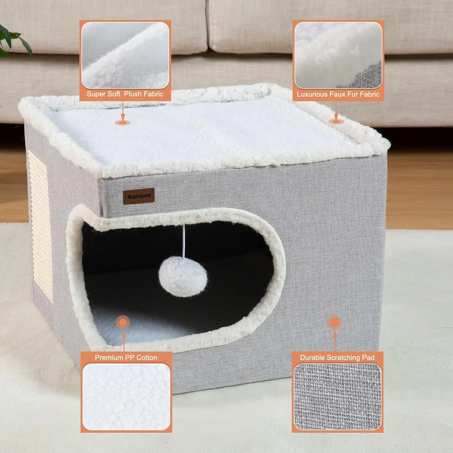 Cat Bed for Indoor Cats Cube House, Covered Cat Cave Beds & Furniture with Scratch Pad and Hideaway Tent, Cute Modern Cat Condo for Multi Small Pet Large Kitten Kitty, Khaki