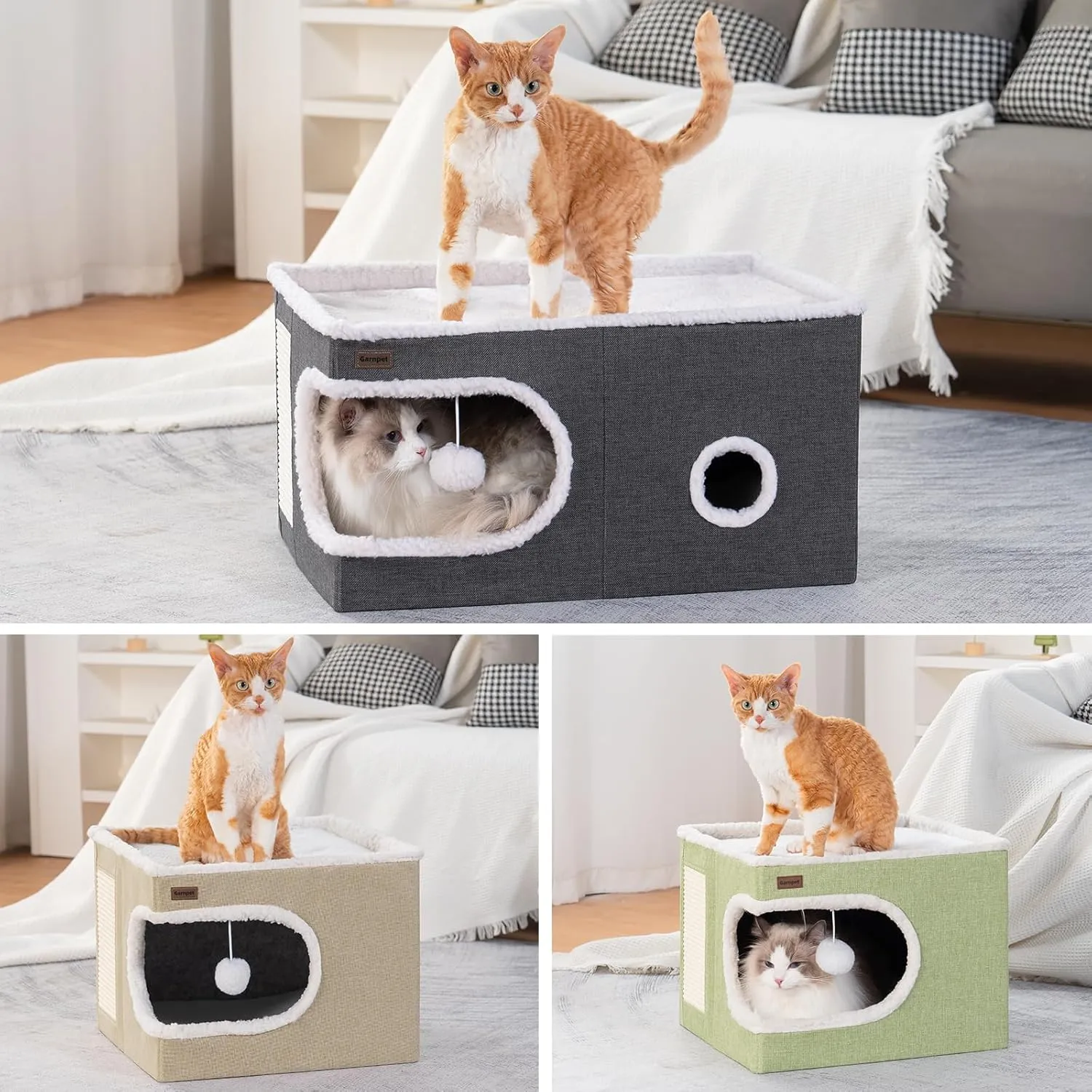 Cat Bed for Indoor Cats Cube House, Covered Cat Cave Beds & Furniture with Scratch Pad and Hideaway Tent, Cute Modern Cat Condo for Multi Small Pet Large Kitten Kitty, Khaki