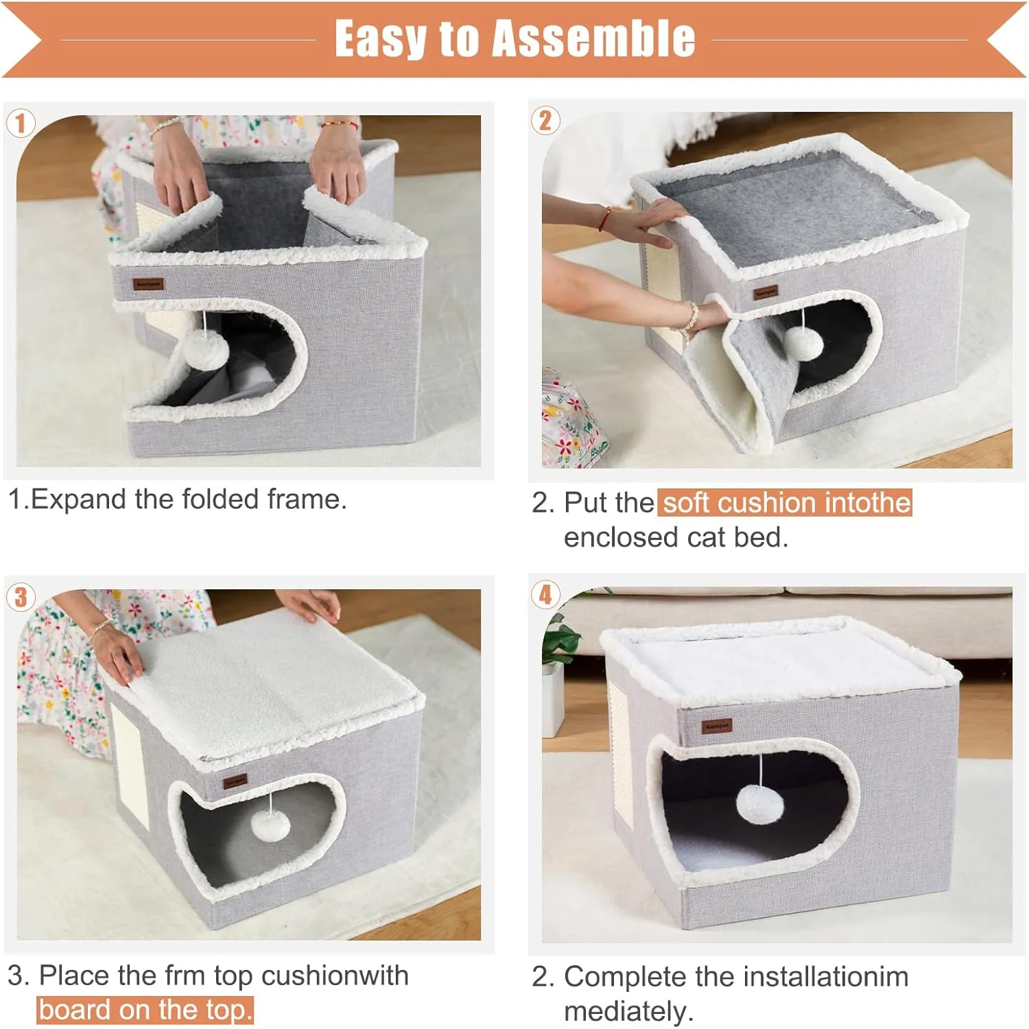 Cat Bed for Indoor Cats Cube House, Covered Cat Cave Beds & Furniture with Scratch Pad and Hideaway Tent, Cute Modern Cat Condo for Multi Small Pet Large Kitten Kitty, Khaki