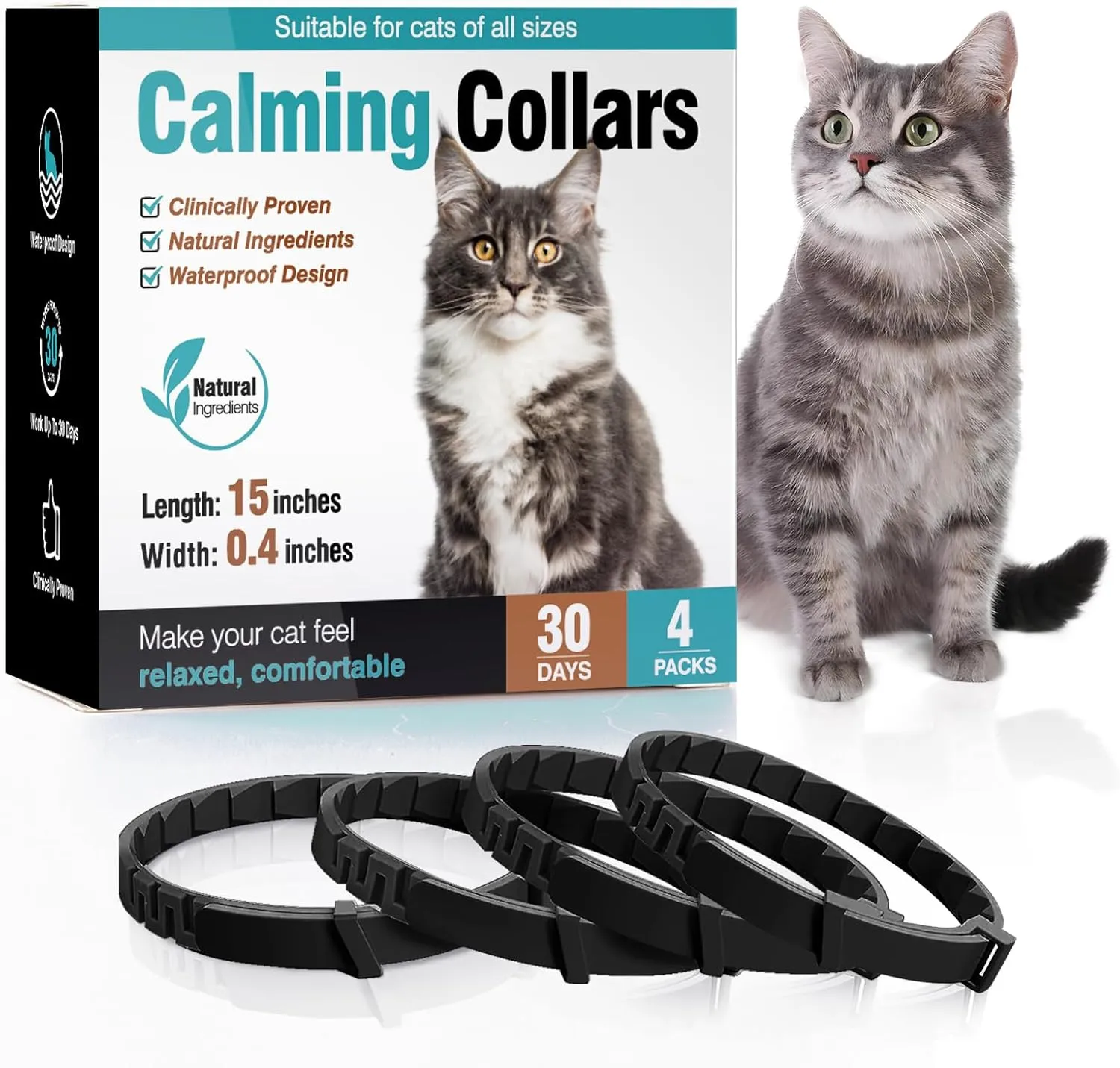 Cat Calming Pheromone Collar, 4 Pack, Black, 15 inches, Universal Fit, Pheromone-based Calming Effect, 30-day Duration, Waterproof