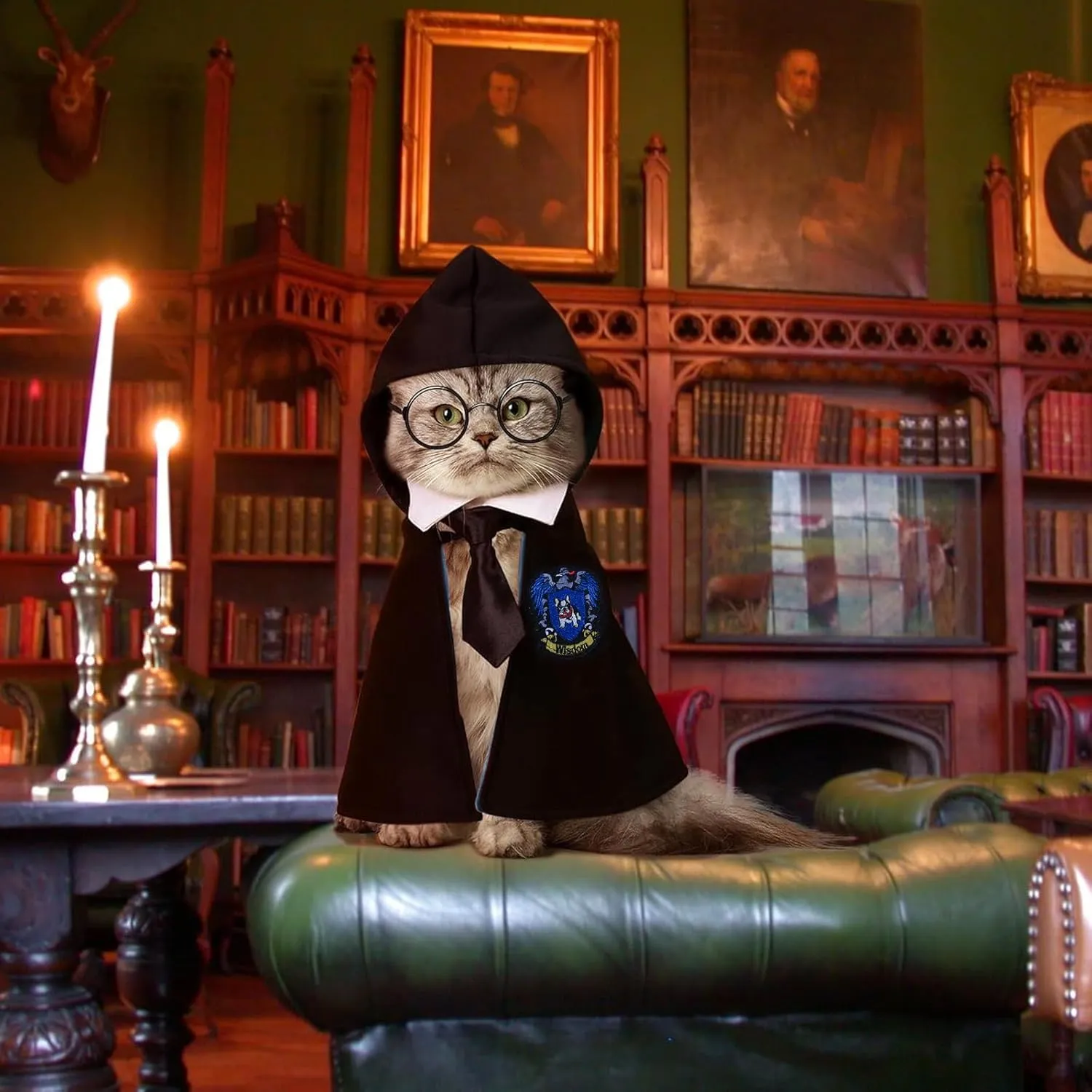 Cat Halloween Costume - Pet Wizard Costumes Mantle Magician Cosplay Clothes with Bowtie & Glasses Set, Festival Party Apparel for Small Pets Cats Dogs