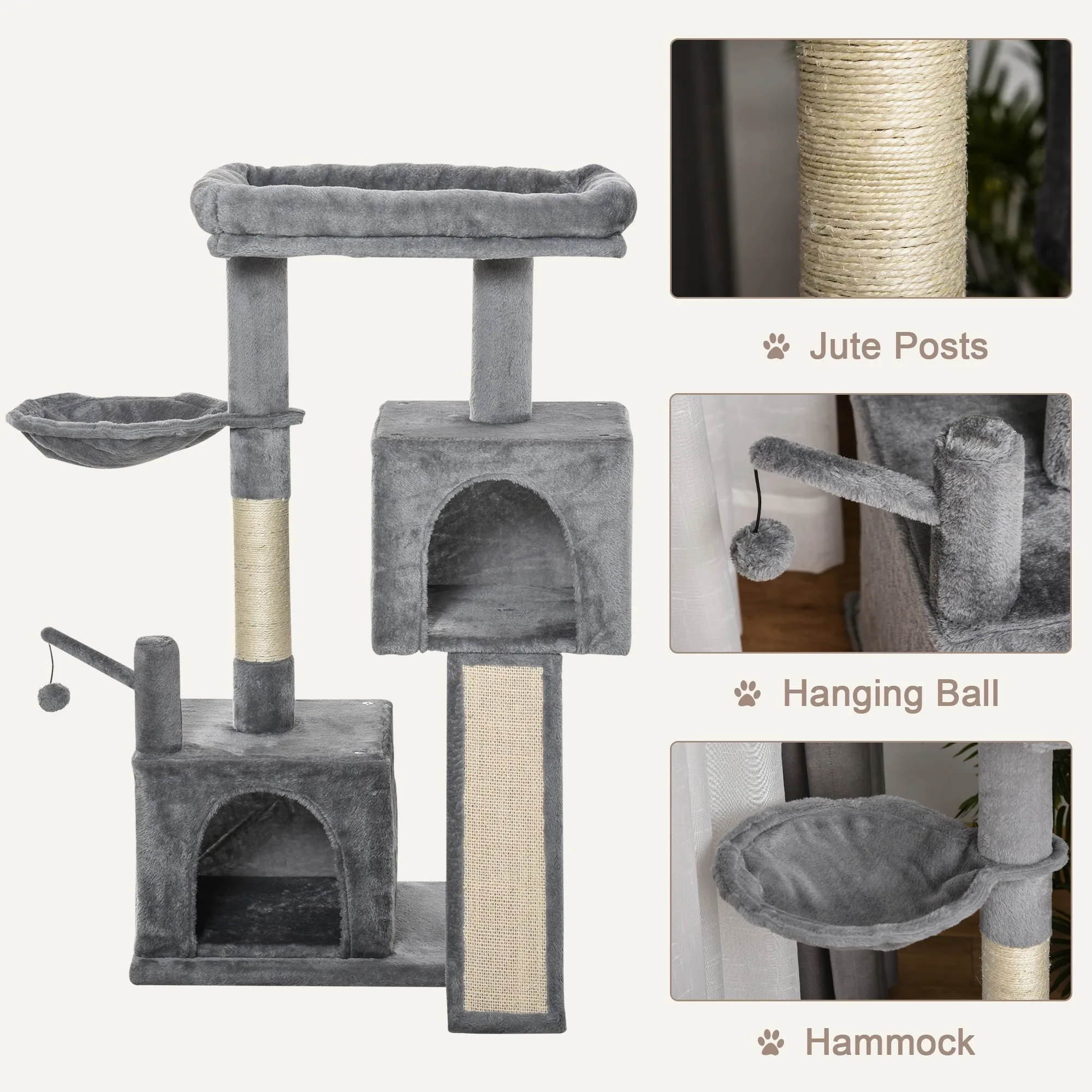 Cat Tree Tower w/ Sisal Scratching Posts Pad Hanging Ball Perch Condo Hammock