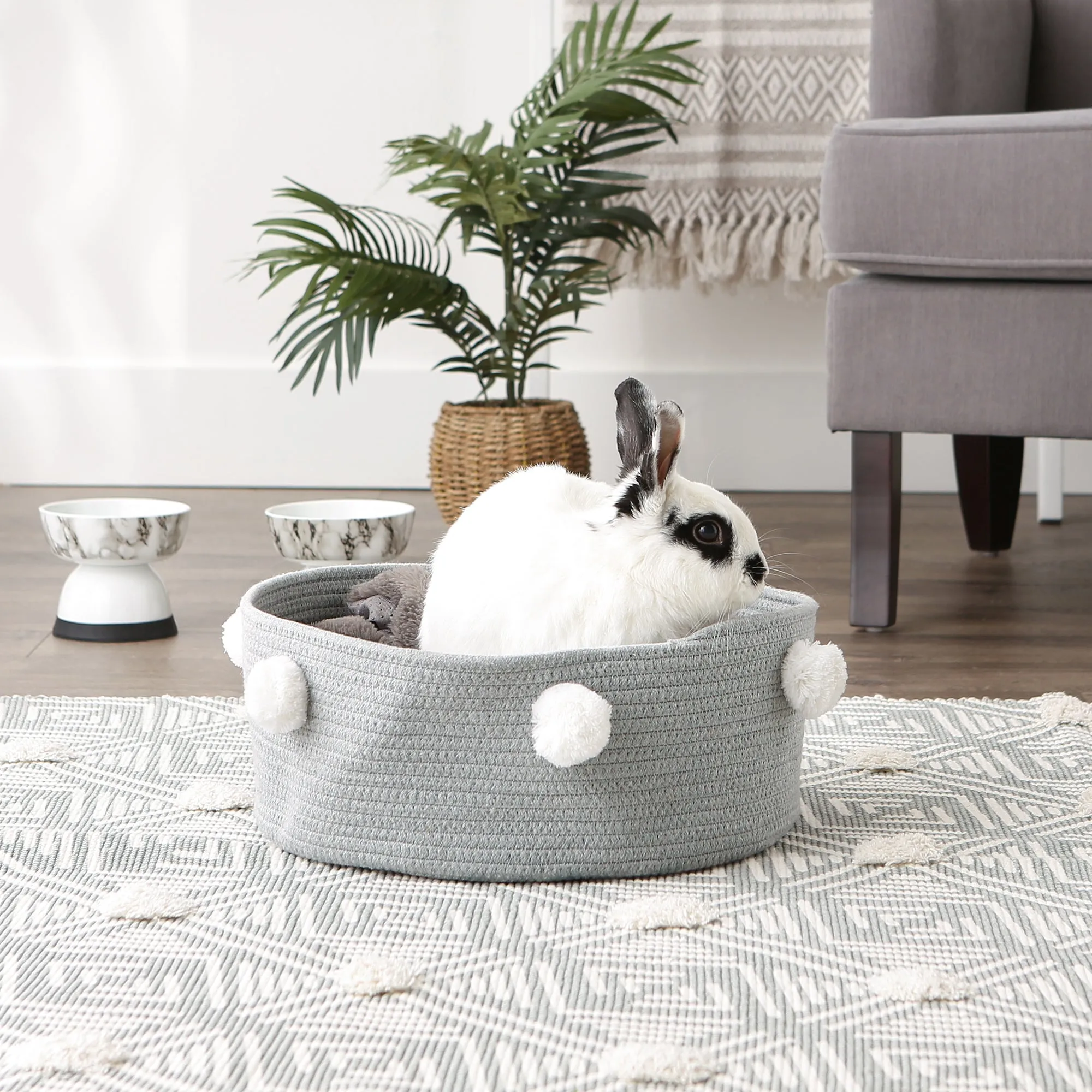 Cotton Pet Storage Basket, Pom-Poms, Gray/White - 15.75x6.25"