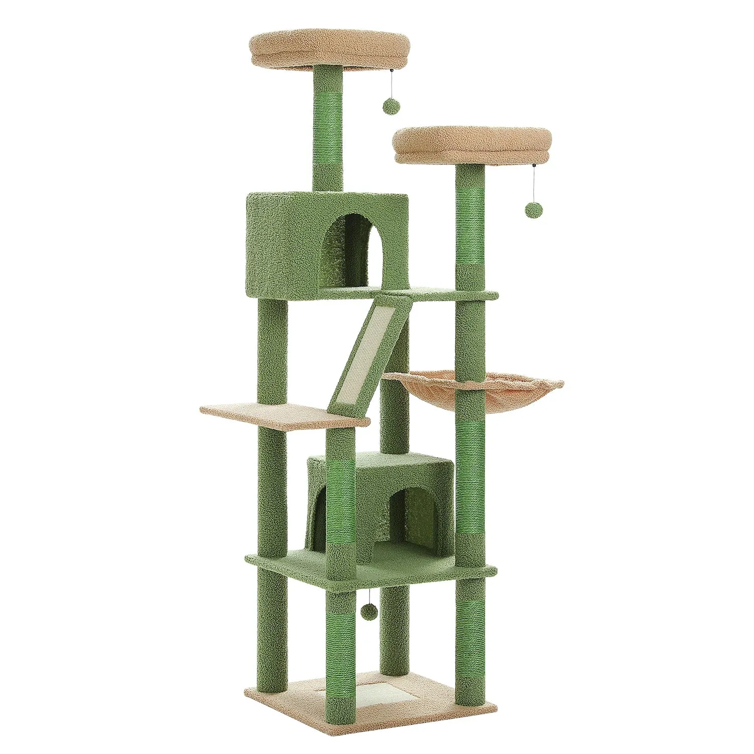 Deluxe 180cm Multi-Level Cat Tree with Plush Condo, 6 Scratching Posts, Caves Hammock Pompoms for Cats