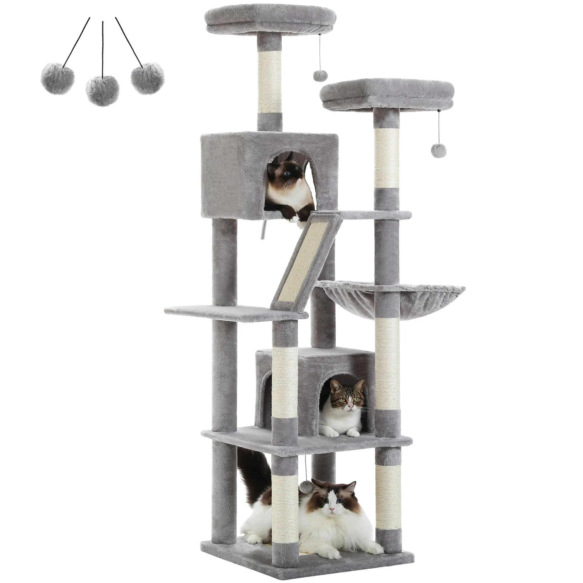 Deluxe 180cm Multi-Level Cat Tree with Plush Condo, 6 Scratching Posts, Caves Hammock Pompoms for Cats