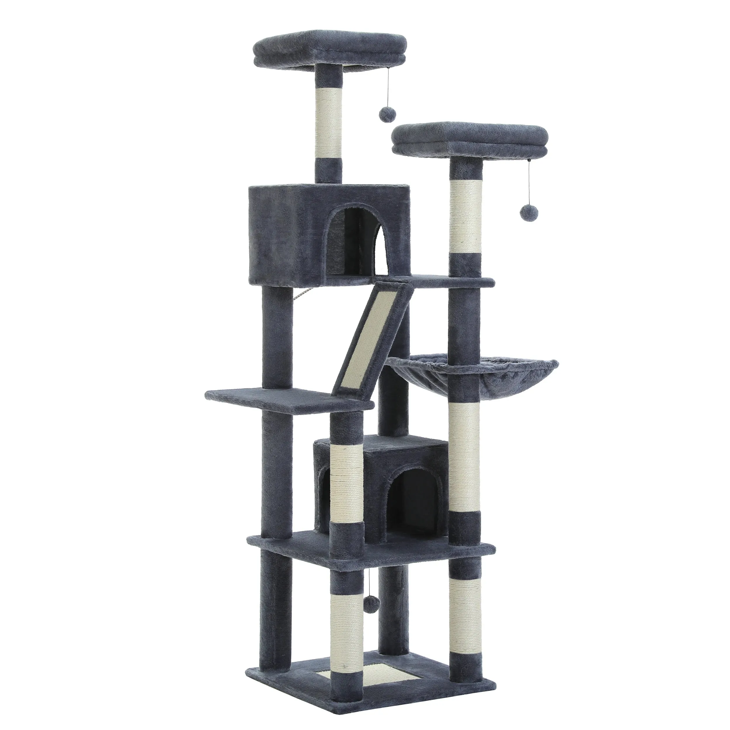 Deluxe 180cm Multi-Level Cat Tree with Plush Condo, 6 Scratching Posts, Caves Hammock Pompoms for Cats