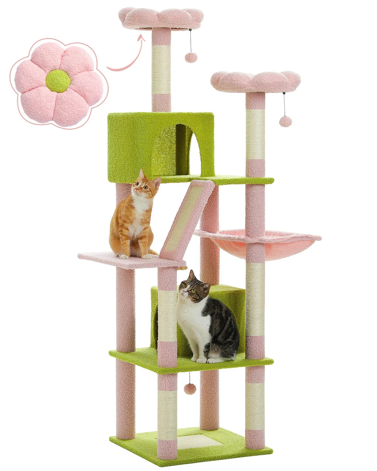 Deluxe 180cm Multi-Level Cat Tree with Plush Condo, 6 Scratching Posts, Caves Hammock Pompoms for Cats