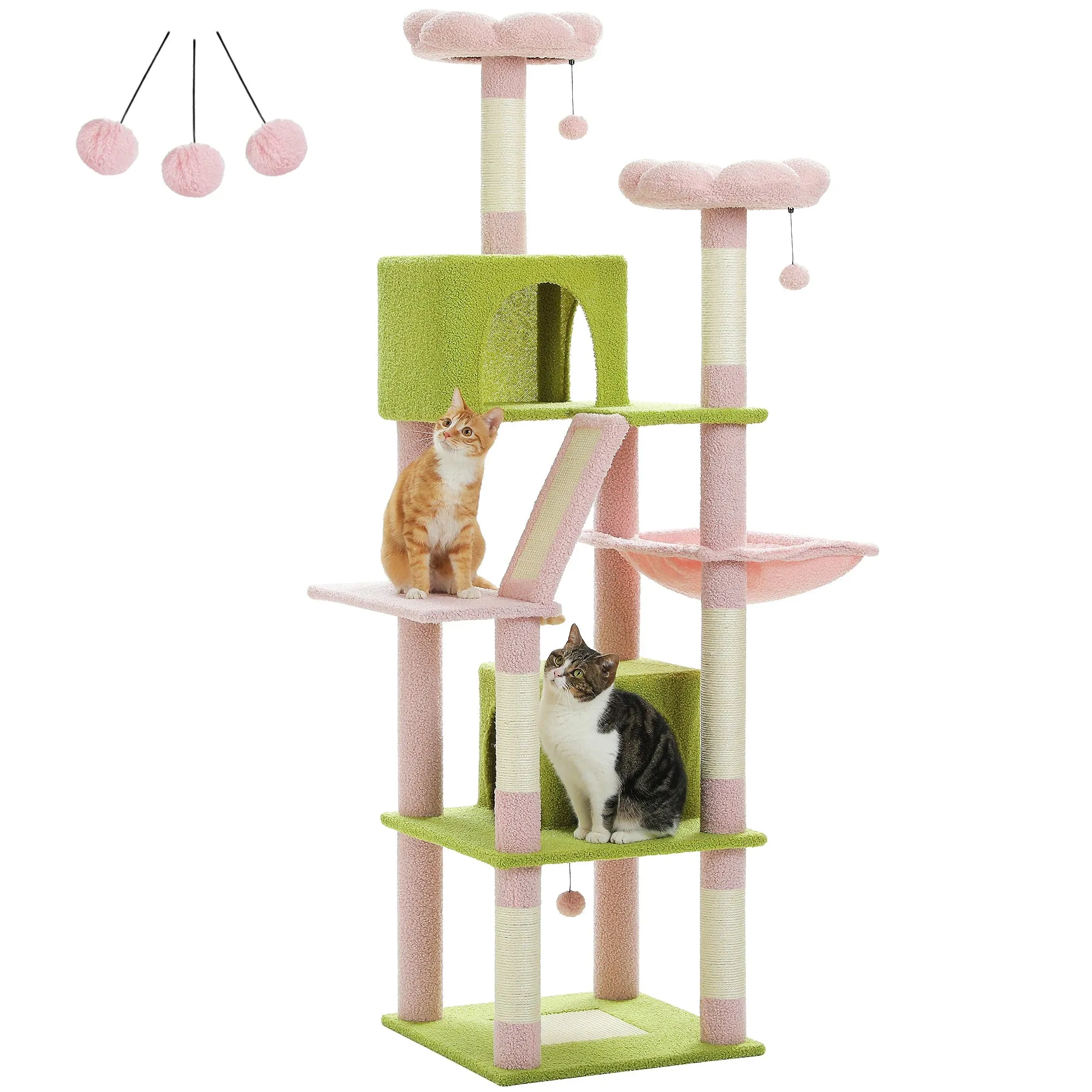 Deluxe 180cm Multi-Level Cat Tree with Plush Condo, 6 Scratching Posts, Caves Hammock Pompoms for Cats