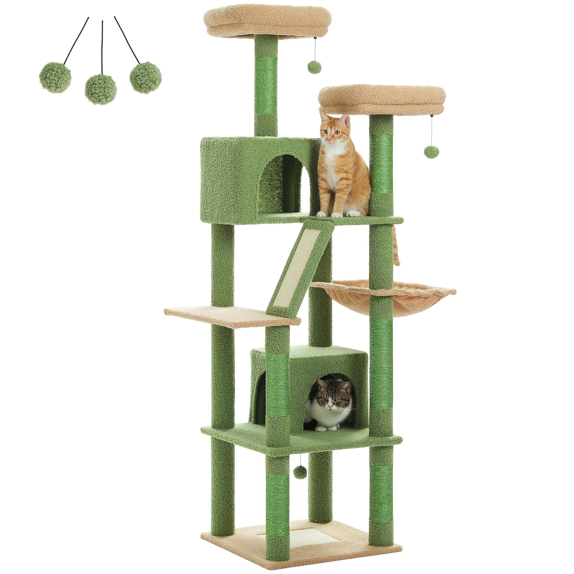 Deluxe 180cm Multi-Level Cat Tree with Plush Condo, 6 Scratching Posts, Caves Hammock Pompoms for Cats