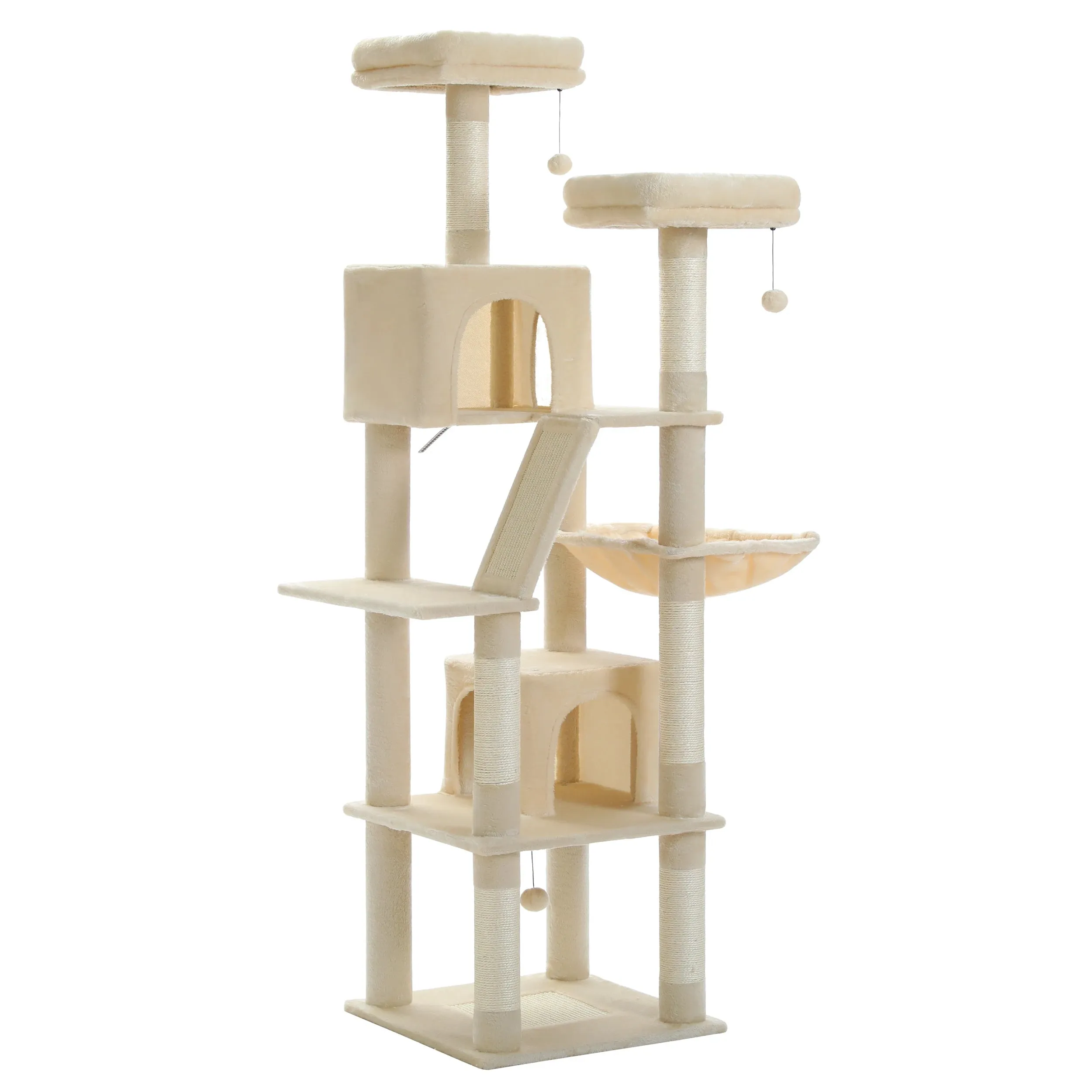 Deluxe 180cm Multi-Level Cat Tree with Plush Condo, 6 Scratching Posts, Caves Hammock Pompoms for Cats