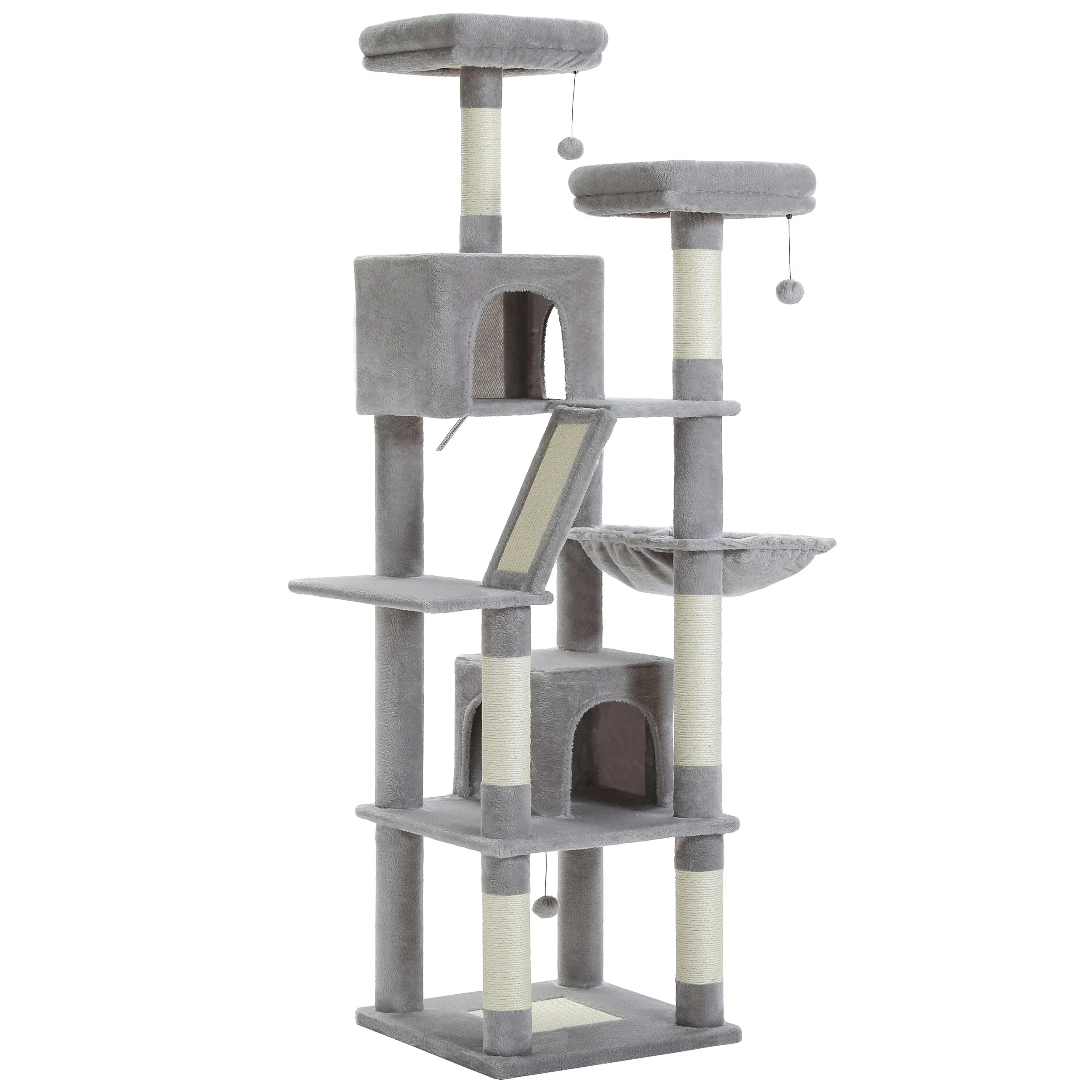 Deluxe 180cm Multi-Level Cat Tree with Plush Condo, 6 Scratching Posts, Caves Hammock Pompoms for Cats