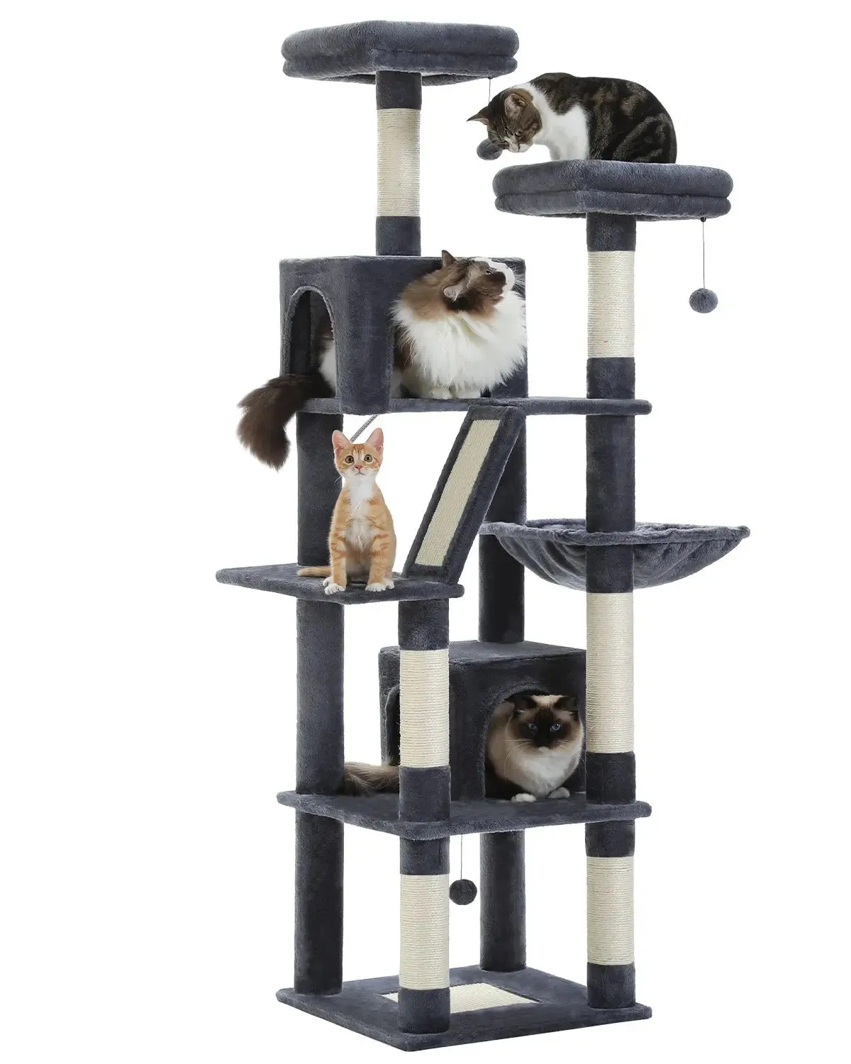 Deluxe 180cm Multi-Level Cat Tree with Plush Condo, 6 Scratching Posts, Caves Hammock Pompoms for Cats
