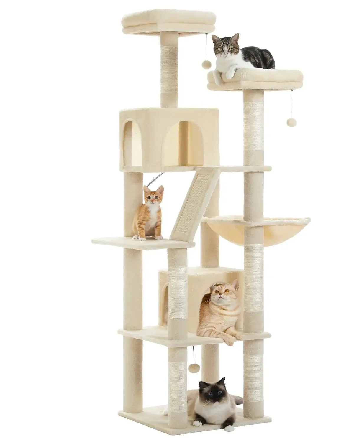 Deluxe 180cm Multi-Level Cat Tree with Plush Condo, 6 Scratching Posts, Caves Hammock Pompoms for Cats