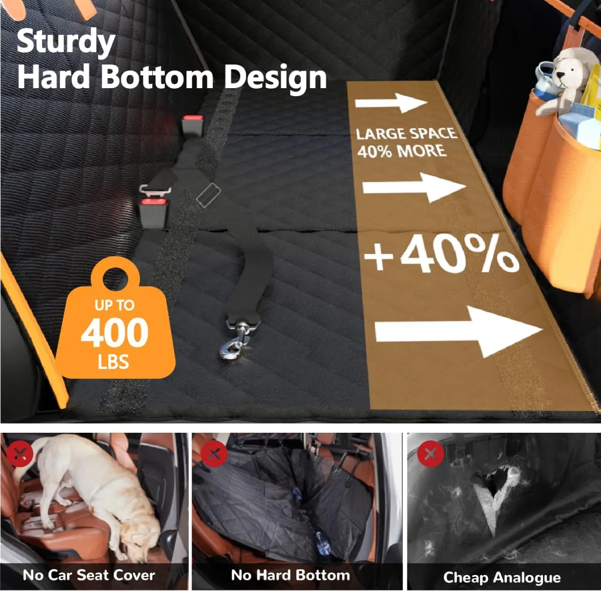 Dog Car Seat Cover for Back Seat Extender, Hard Bottom Pet Car Seat Protector, Non-Slip Durable Dog Hammock in Car SUV