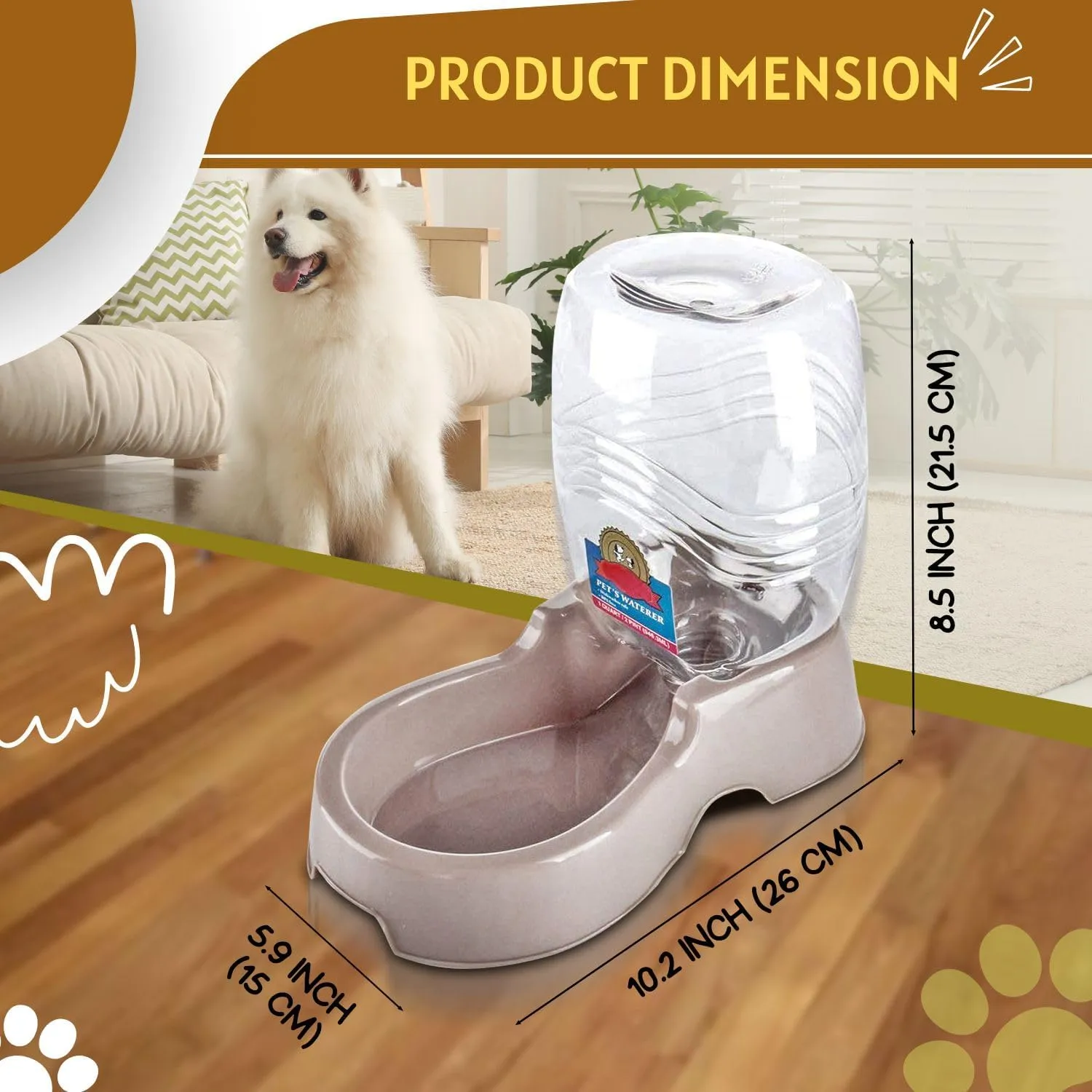 Flexzion Automatic Gravity Pet Waterer for Cat & Dog - Non-Skid & Easy-Clean Auto Replenish Water Dispenser Drinking Bowl (3/8 Gallon / 1.5L), Beige