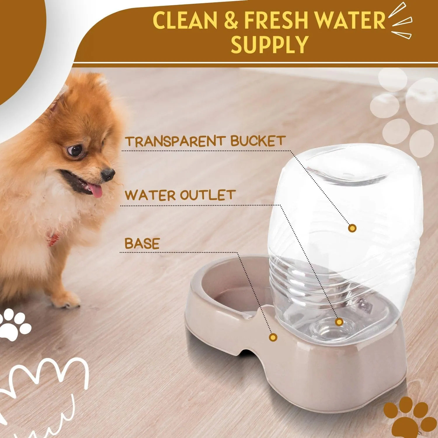Flexzion Automatic Gravity Pet Waterer for Cat & Dog - Non-Skid & Easy-Clean Auto Replenish Water Dispenser Drinking Bowl (3/8 Gallon / 1.5L), Beige