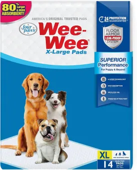 Four Paws Wee-Wee Superior Performance Unscented Extra-Large Pee Pads for Dogs & Puppies, Quilted Leak-Proof Dog Housebreaking Potty Training Floor Protection, 28" x 34", 14 Count