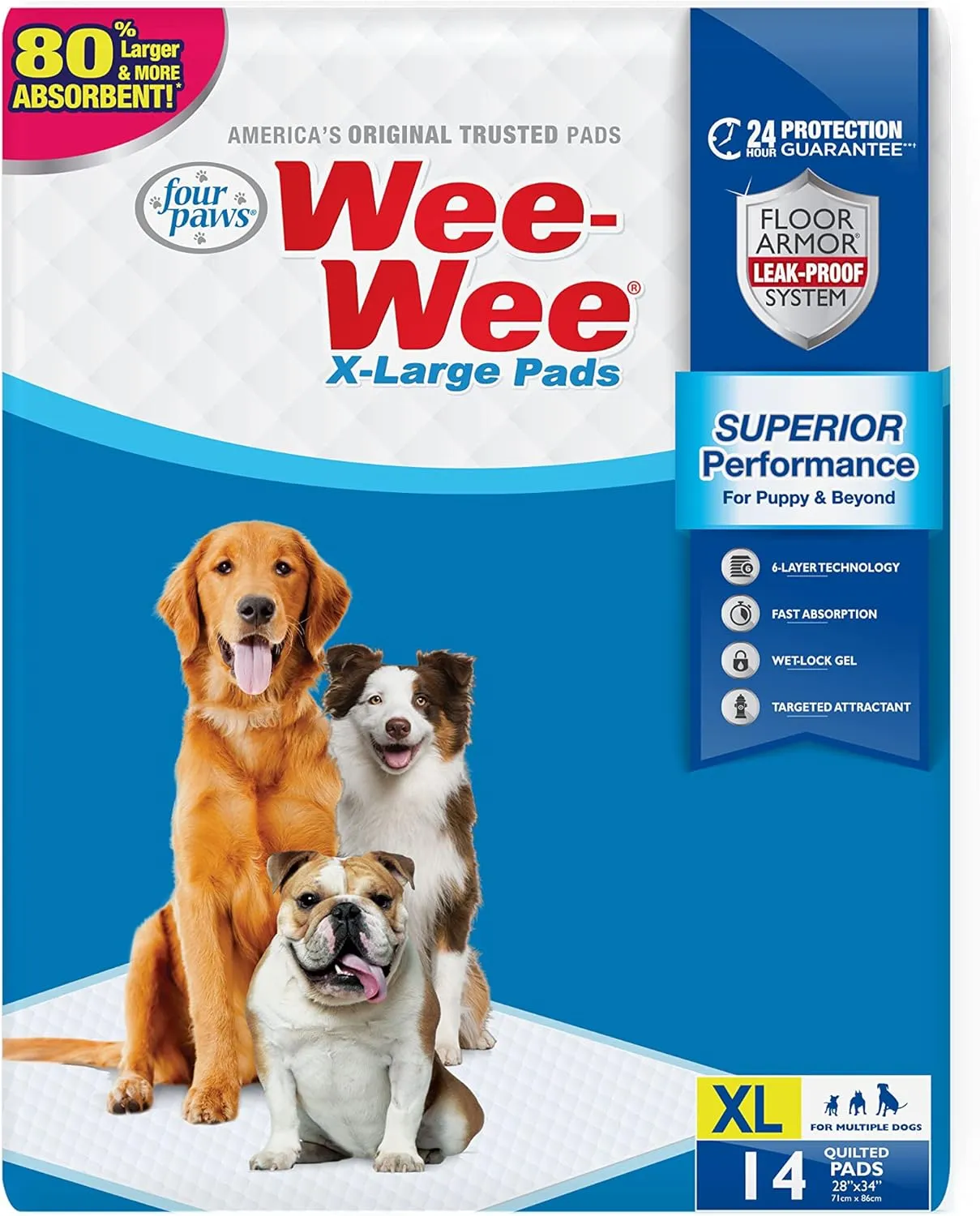 Four Paws Wee-Wee Superior Performance Unscented Extra-Large Pee Pads for Dogs & Puppies, Quilted Leak-Proof Dog Housebreaking Potty Training Floor Protection, 28" x 34", 14 Count