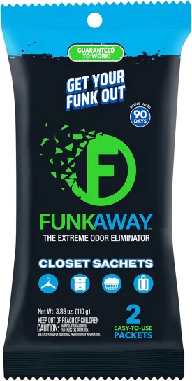 FunkAway Extreme Odor Eliminating Closet Sachet 8-Pack, Odor Absorbing Packet Ideal for Closets, Drawers, Hampers, Attics and Storage Spaces, Fresh Smell for Up to 90 Days (Pack of 8)