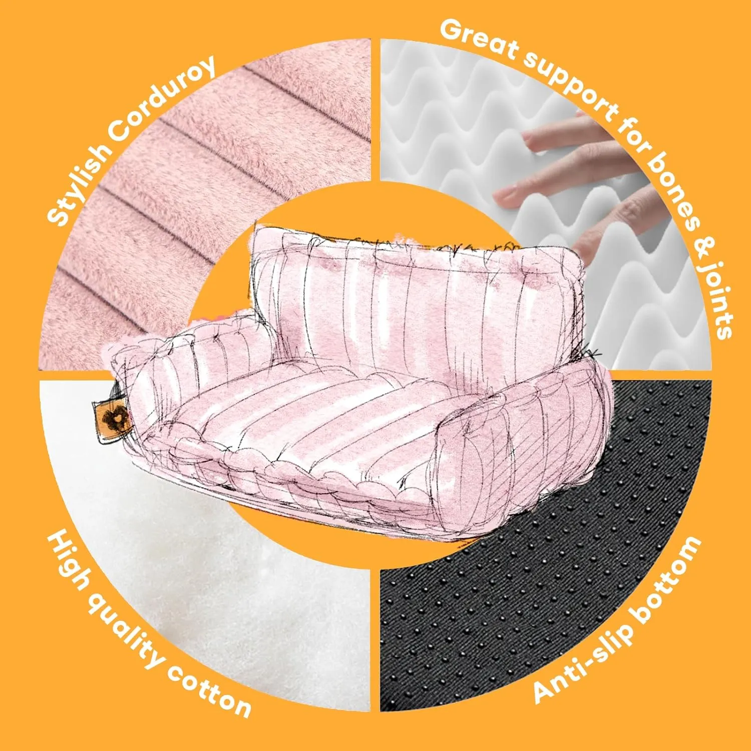 FUNNY FUZZY Orthopedic Dog Bed with Removable Washable Cover and Anti-Slip Bottom, Supportive Foam Pet Couch BedDog Sofa for Medium Dogs, Pink, XXL