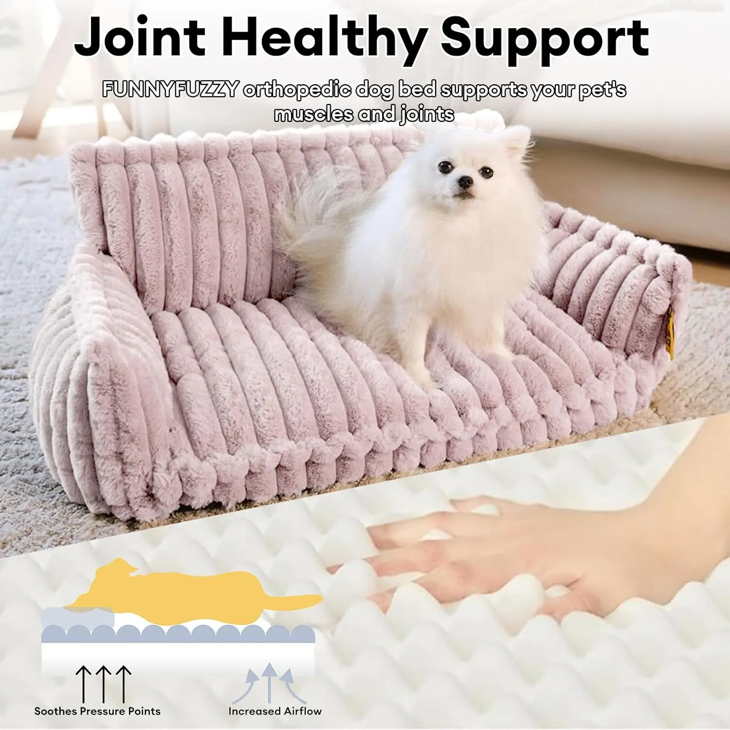 FUNNY FUZZY Orthopedic Dog Bed with Removable Washable Cover and Anti-Slip Bottom, Supportive Foam Pet Couch BedDog Sofa for Medium Dogs, Pink, XXL
